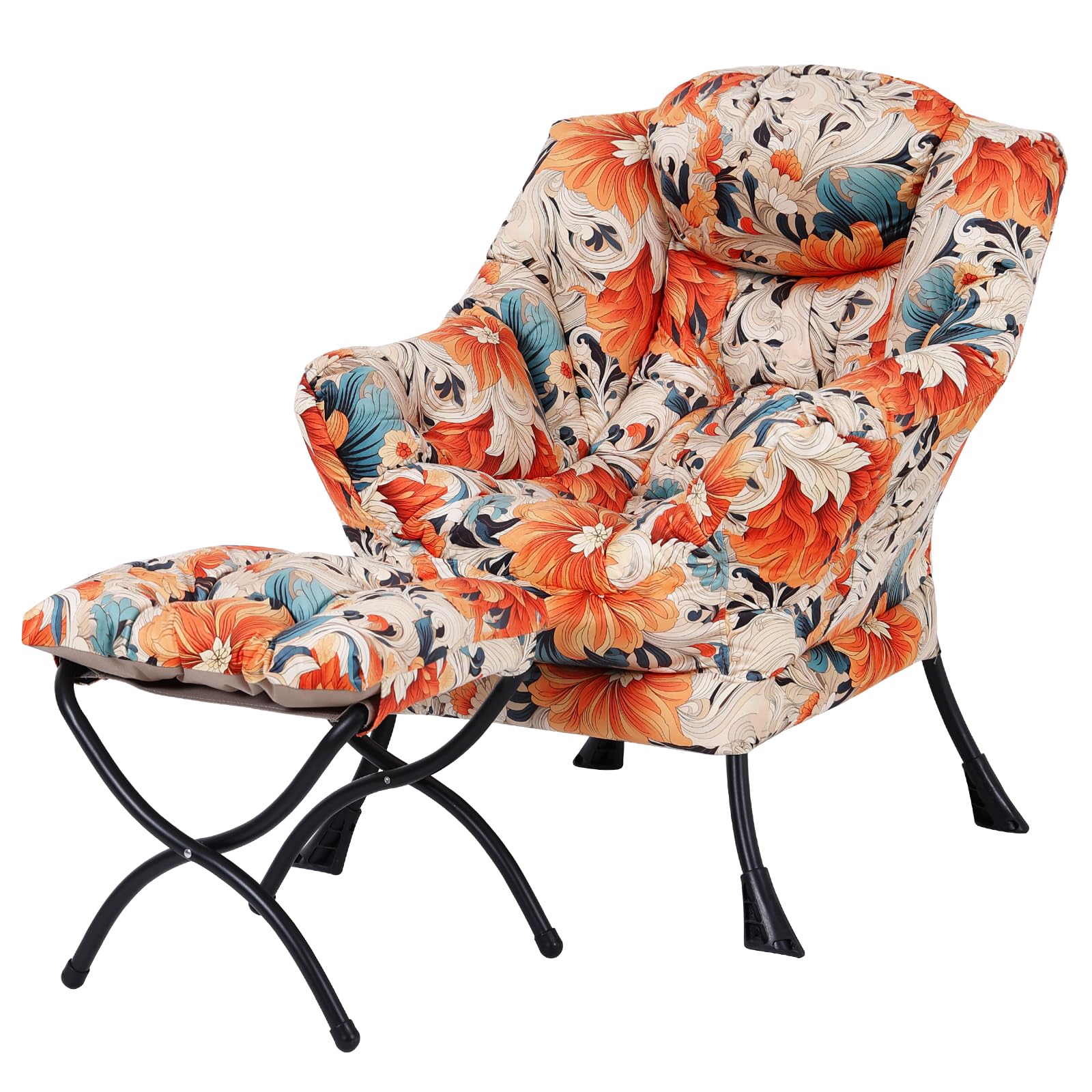 Welnow Lazy Chair With Ottoman, Modern Lounge Accent Chair With Armrests And A Side Pocket, Leisure Sofa Chair Set, Reading Chair With Footrest For Small Space, Corner Chair, Orange Blue