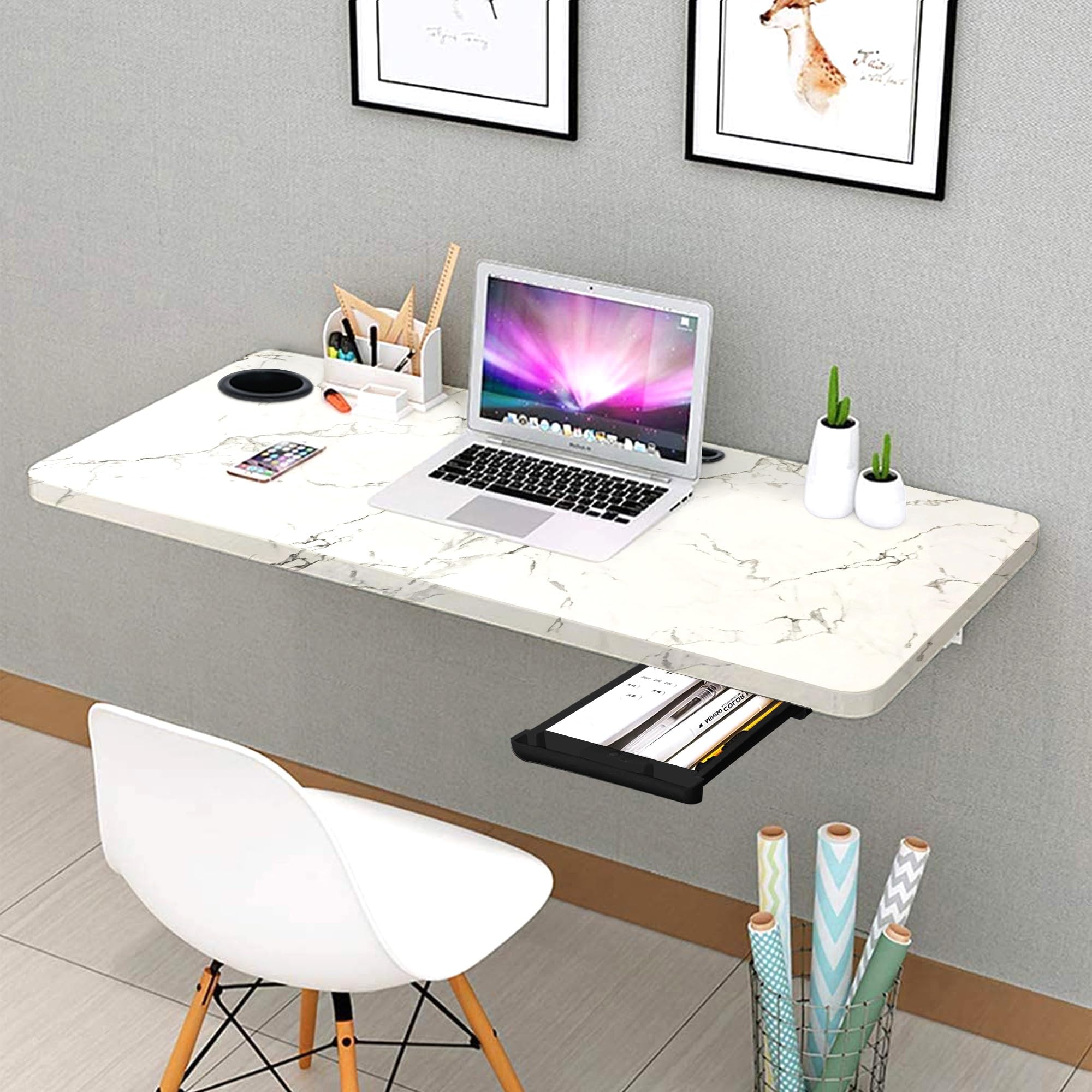 QARA 31x18.5 inches Wooden Wall Mounted Folding Study Table| Wall Mount Table with Cup Holder & Drawer | Foldable Laptop Desk fo