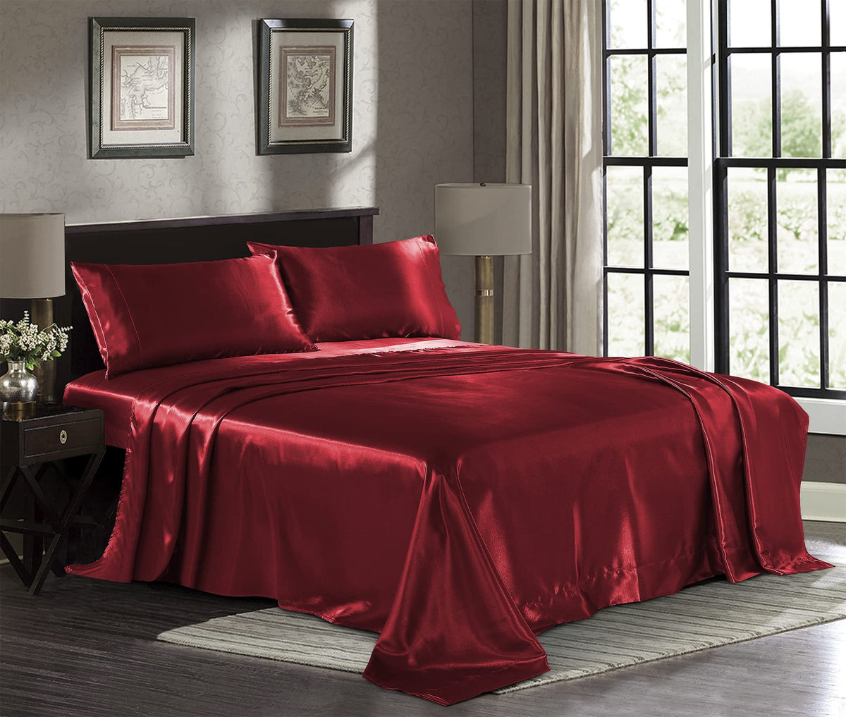 Satin Sheets Twin [3-Piece, Burgundy] Hotel Luxury Silky Bed Sheets - Extra Soft 1800 Microfiber Sheet Set, Wrinkle, Fade, Stain