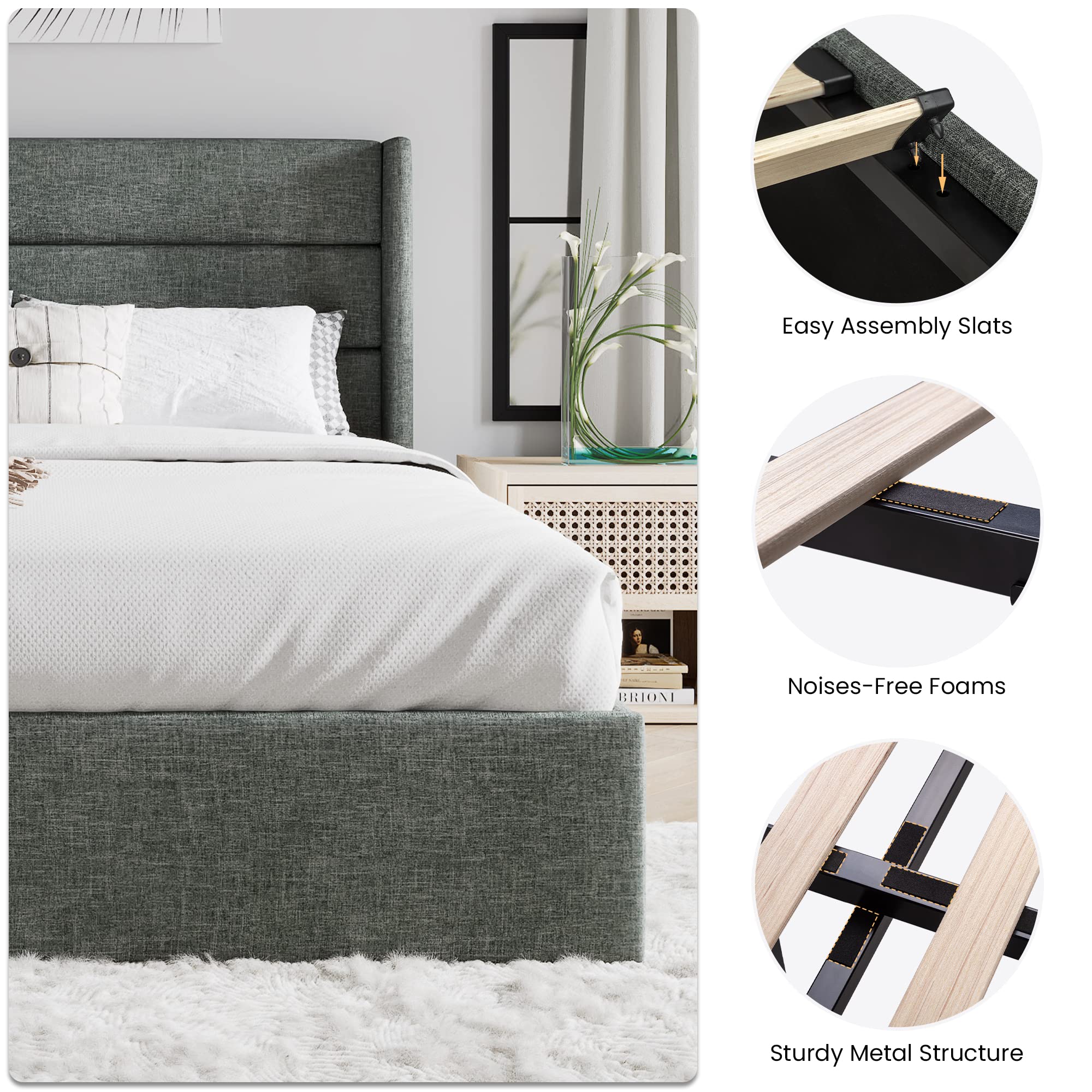 Sha Cerlin Queen Size Lift Up Storage Bed/Modern Wingback Headboard/Upholstered Platform Bed Frame/Hydraulic Storage/No Box Spring Needed/Wood Slats Support/Dark Grey