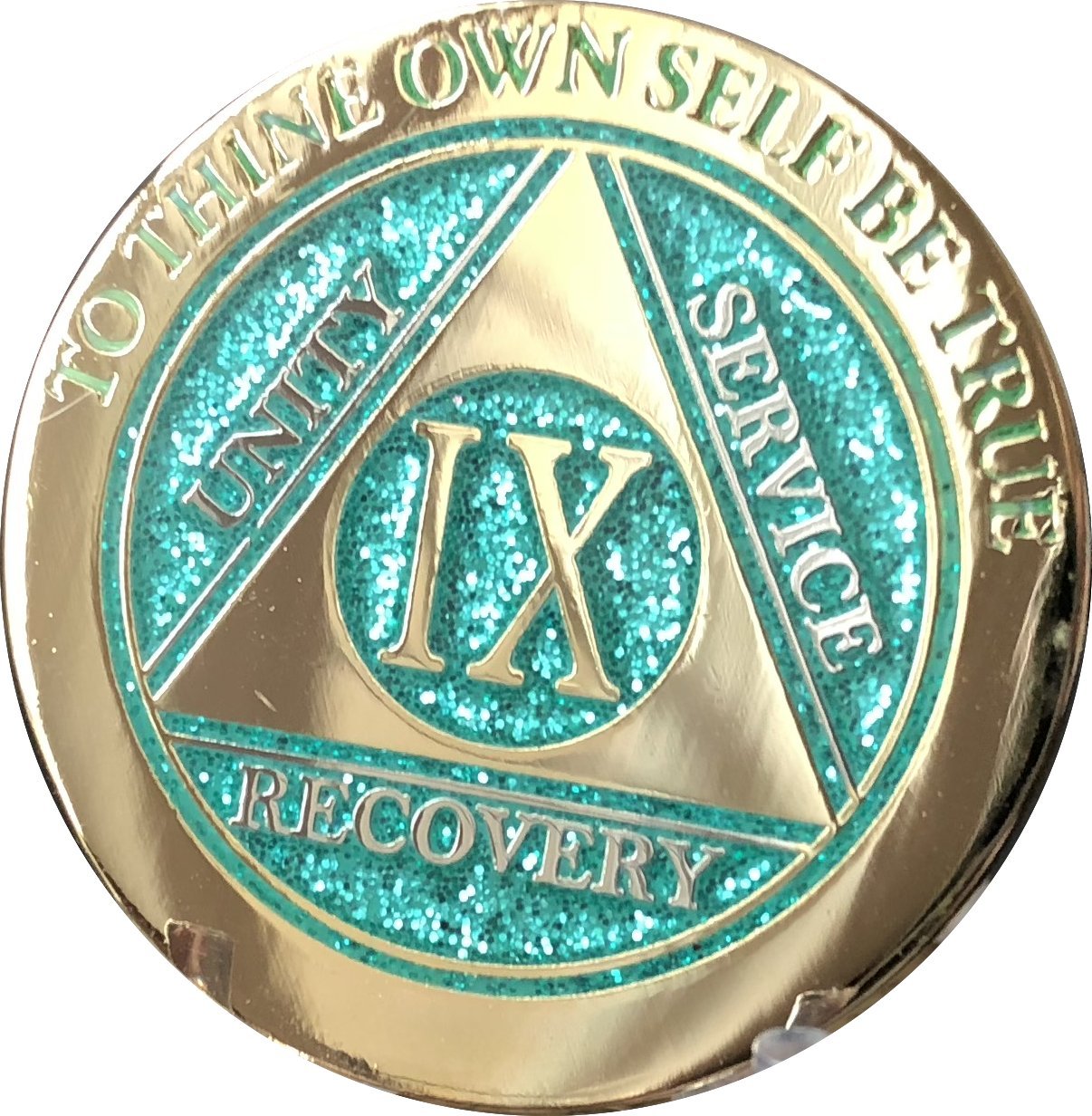 9 Year Elegant Glitter Aqua Turquoise Gold Silver Bi-Plated Aa Medallion Chip Ix