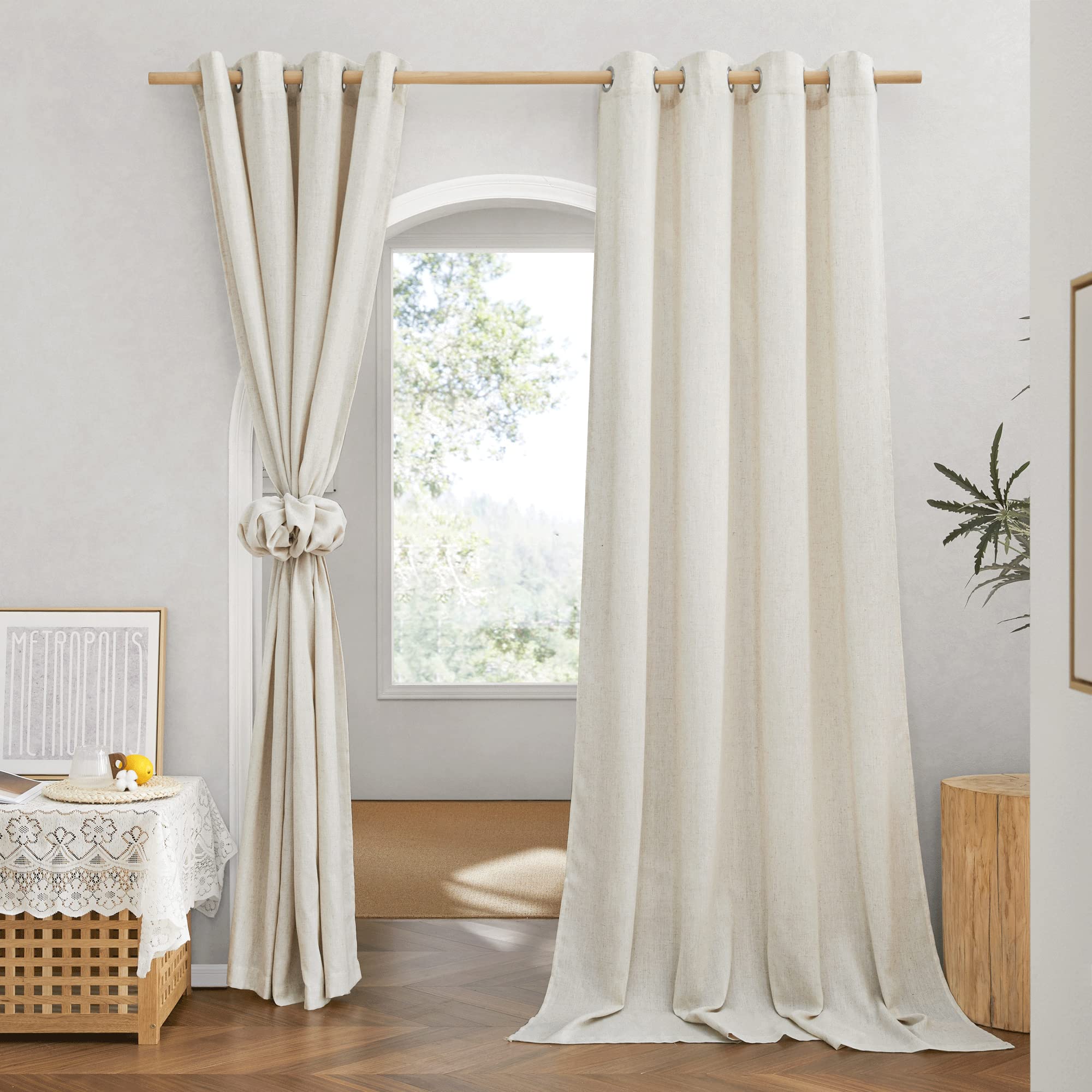 Nicetown Semi Sheer Boho Linen Curtains For Living Room, Grommet Privacy Added Thick Textured Burlap With Light Filter Sheer Curtains & Drapes For Bedroom, Natural, W55 X L120, 2 Panels