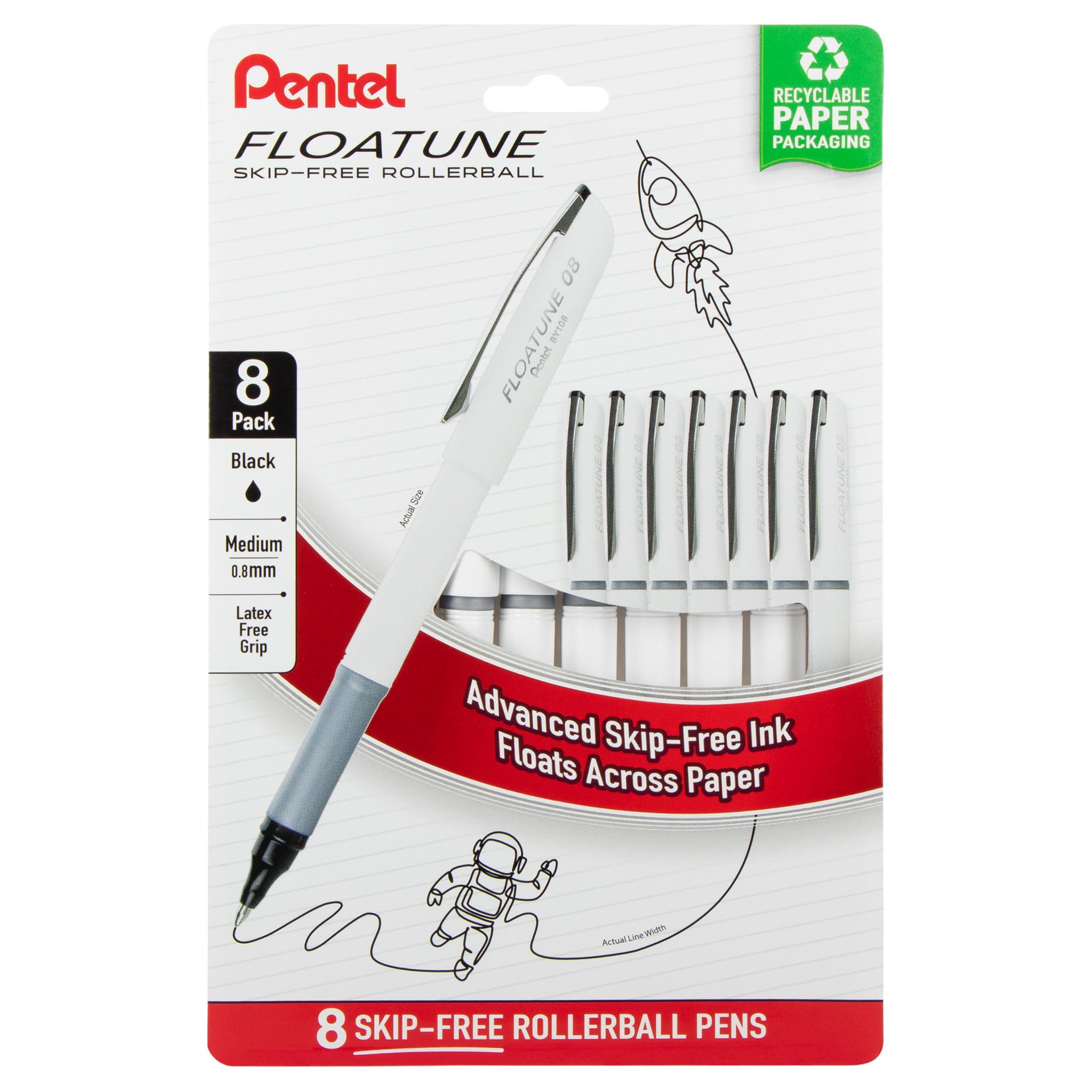 Pentel Floatune Rollerball, 0.8Mm Medium Point, Black Ink, Pack Of 8 Pens (By108Pf8A)