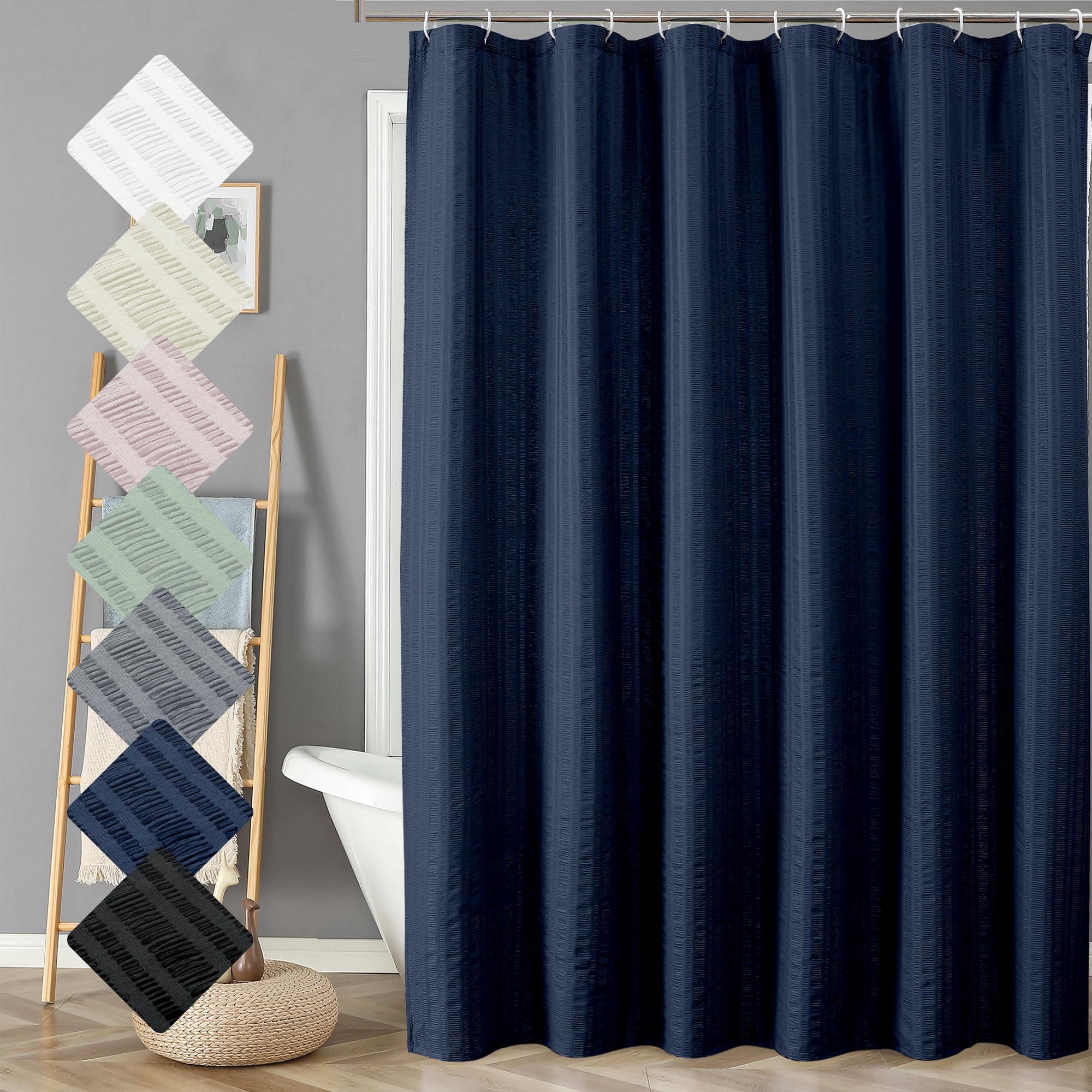 Aiyufeng Moga Extra Long Navy Blue Shower Curtain 96 Inch Long, Embossed Texture Fabric Bathroom Shower Curtain, Large Hotel Bat