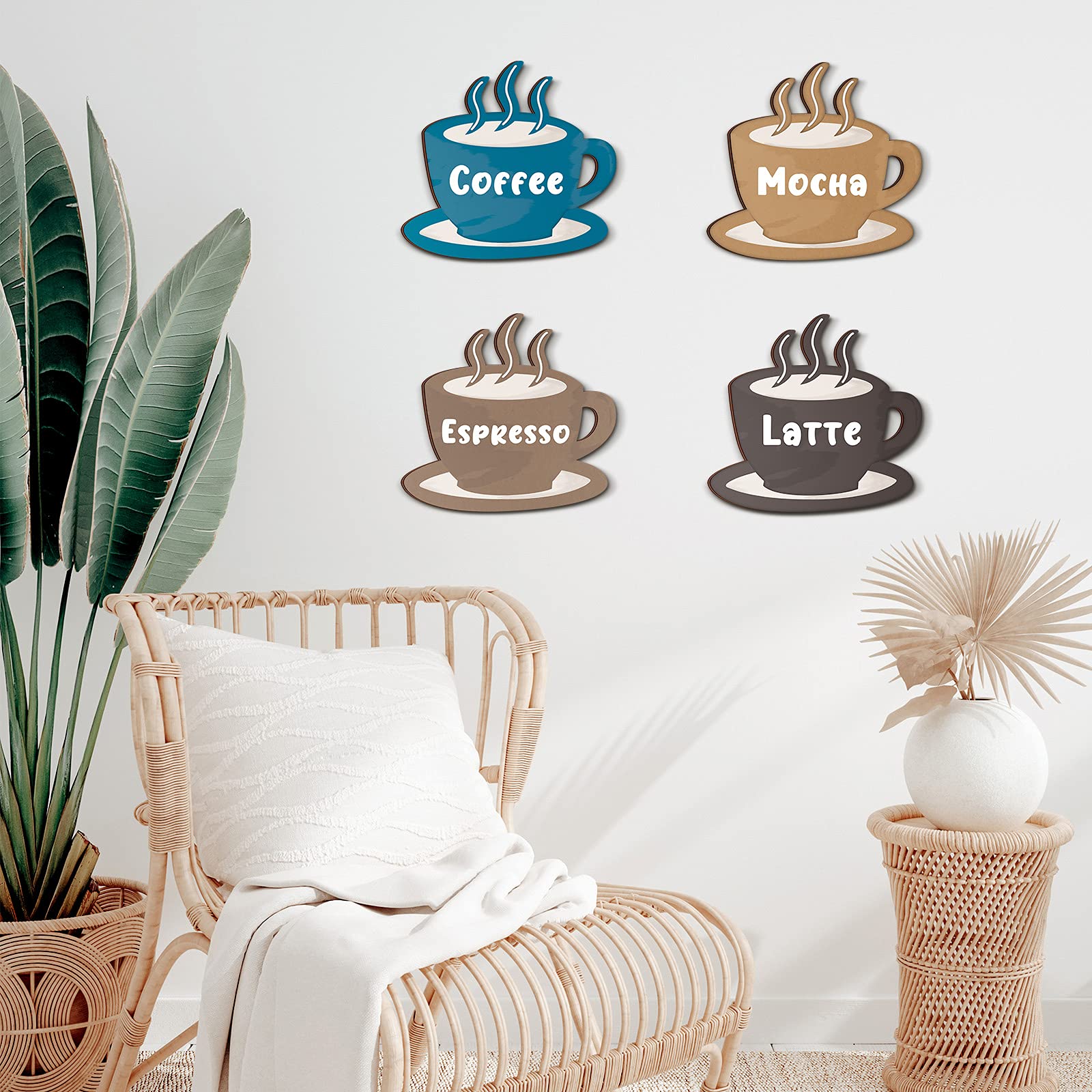 4 Pieces Coffee Wooden Wall Art Decor Coffee Cup Wooden Wall Sign Latte Coffee Espresso Mocha Wood Sign Vintage Coffee Bar Wall