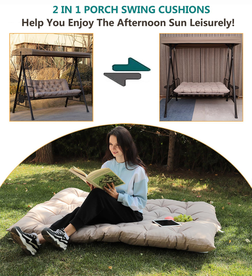 Porch Swing Cushions, Outdoor Swing Replacement Cushions 3 Seater With Backrest, Waterproof Bench Cushion With Ties,For Patio,Po