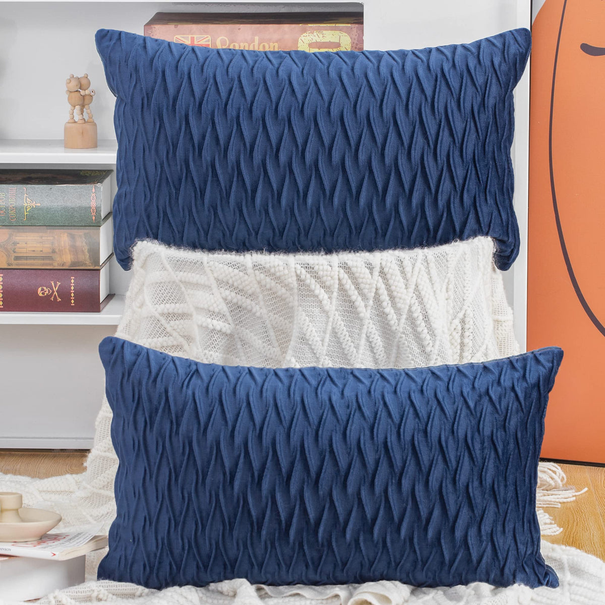 Madizz Set Of 2 Super Soft Velvet Decorative Throw Pillow Covers 12X20 Inch Blue Rectangular With Texture Luxury Style Cushion C