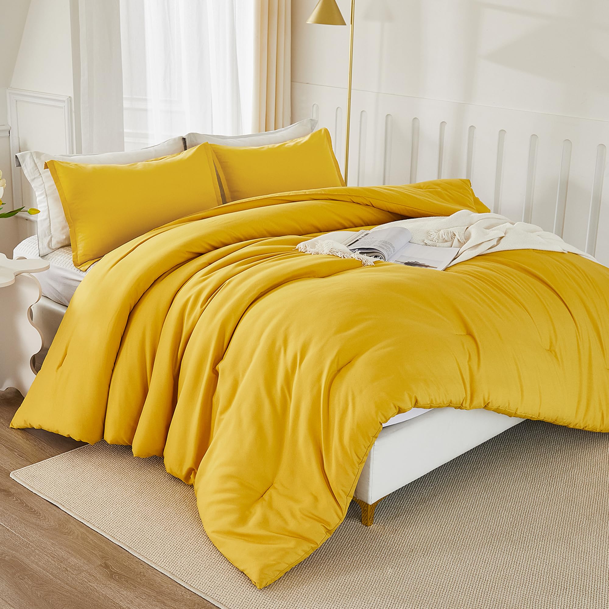 Litanika Mustard Yellow Comforter Set Queen Size, 3 Pieces Lightweight Solid Bedding Comforter Set, All Season Fluffy Bed Set (9