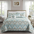 Home Soft Things Tivoli Ikat Oversize 122' X 106' 5 Piece Teal Aqua Printed Prewashed Quilted Coverlet Bedspread Bed Cover Set