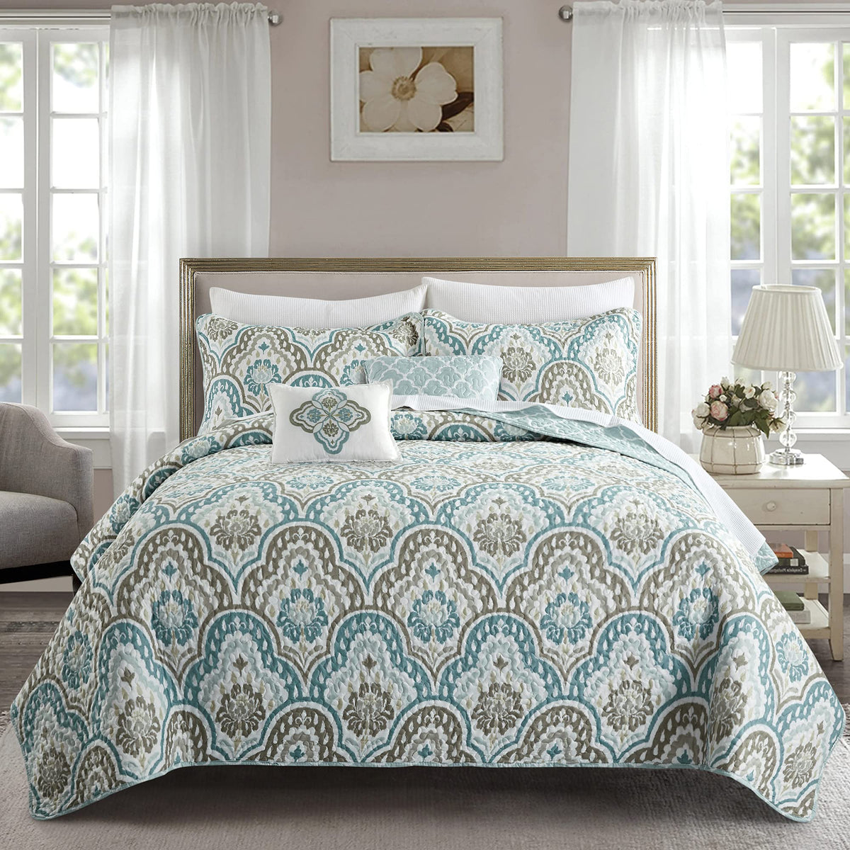 Home Soft Things Tivoli Ikat Oversize 122' X 106' 5 Piece Teal Aqua Printed Prewashed Quilted Coverlet Bedspread Bed Cover Set