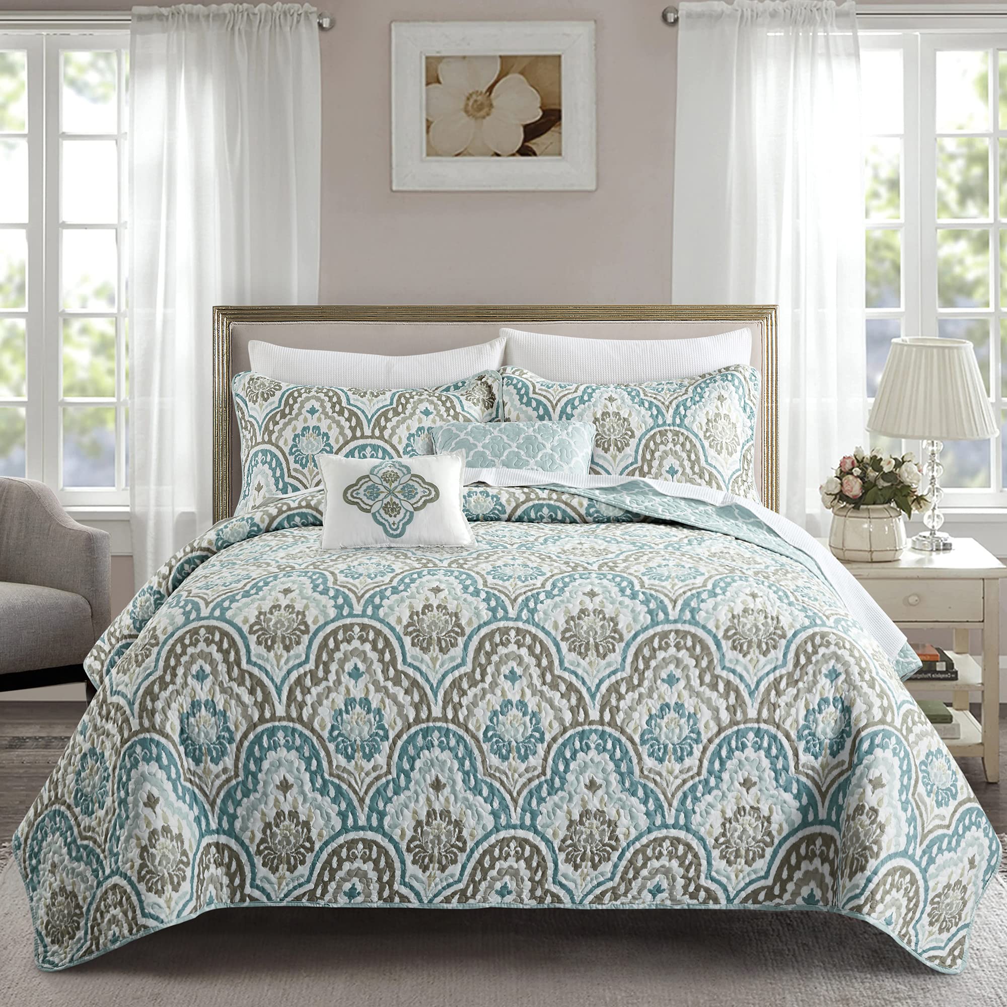 Home Soft Things Tivoli Ikat Oversize 122' X 106' 5 Piece Teal Aqua Printed Prewashed Quilted Coverlet Bedspread Bed Cover Set