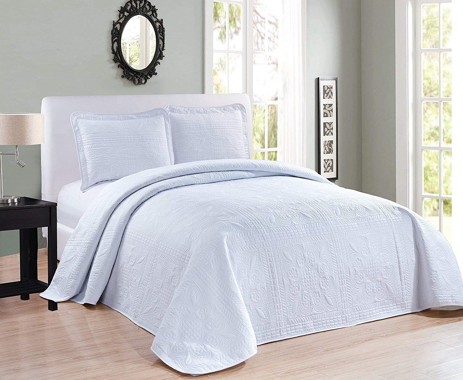 Elegant Home Beautiful Over Sized White Solid Color Embossed Floral Striped 3 Piece King/California King Size Coverlet Bedspread