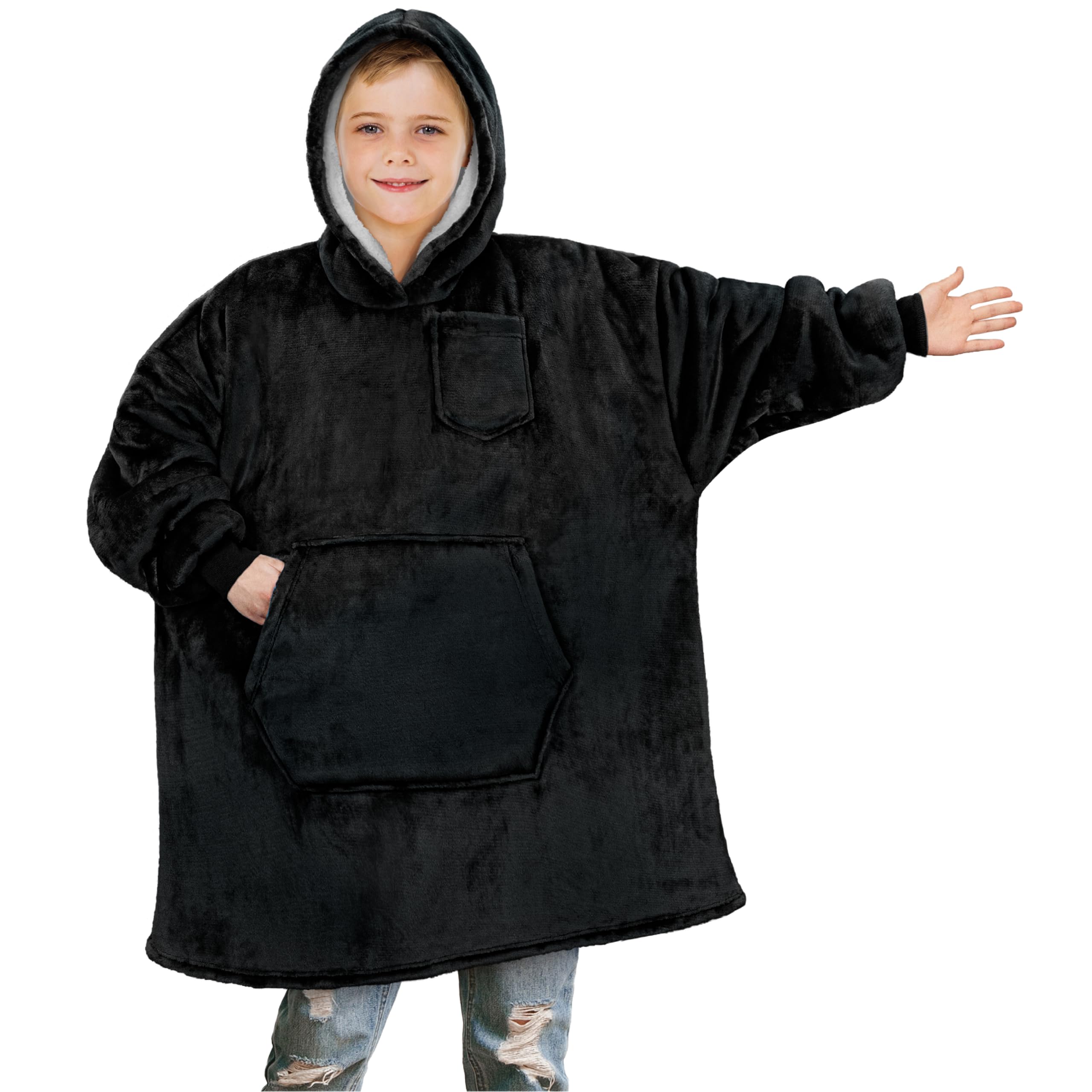 Pavilia Wearable Blanket Sweatshirt For Kids Boy Girl Black, Warm Cozy Giant Blanket Hoodie, Fleece Sherpa Oversized Blanket Swe