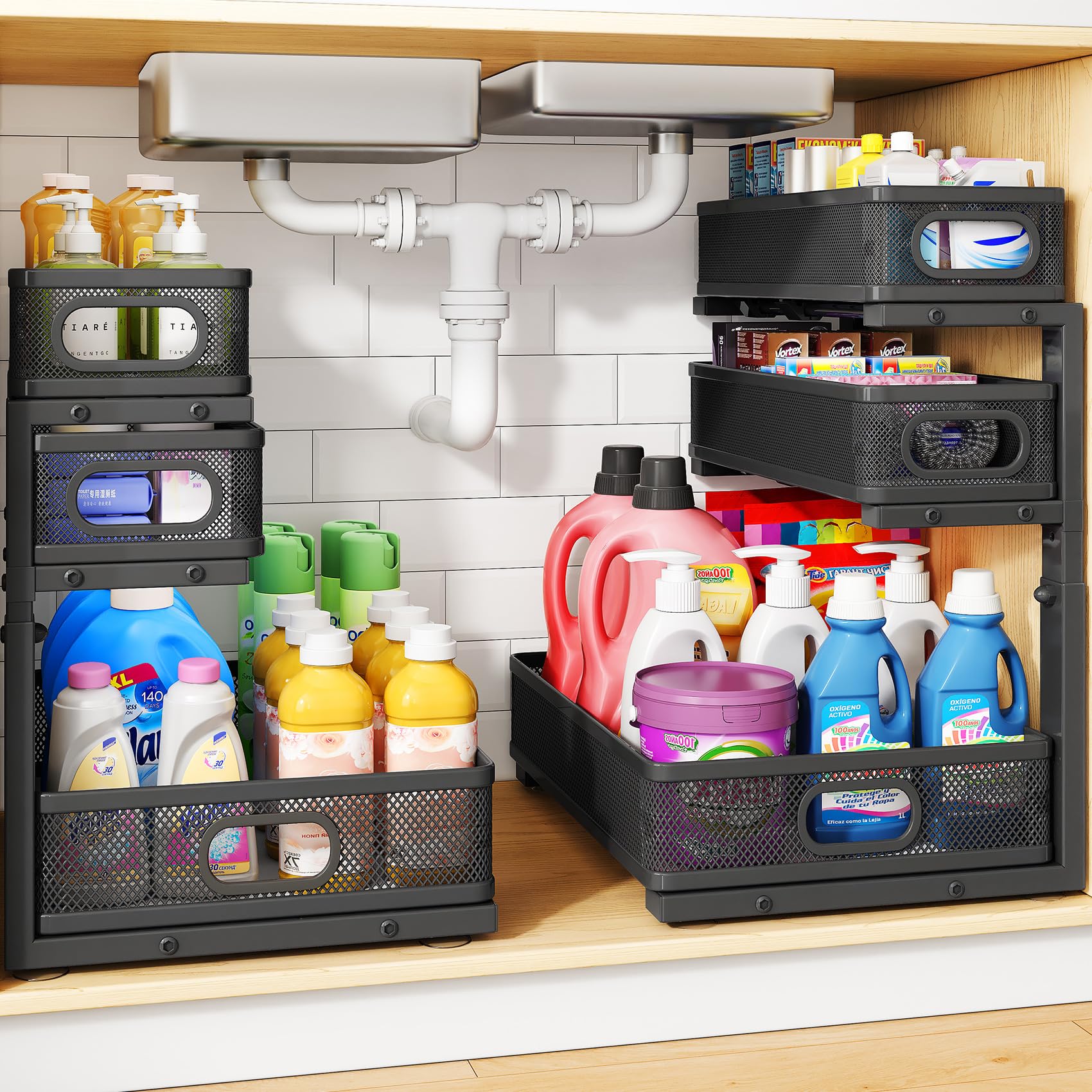 Under Sink Organizer, 3Tier Thickened Metal Pull Out Cabinet Organizer Shelf, Height Adjustable Slide Out Storage Drawer Rack F