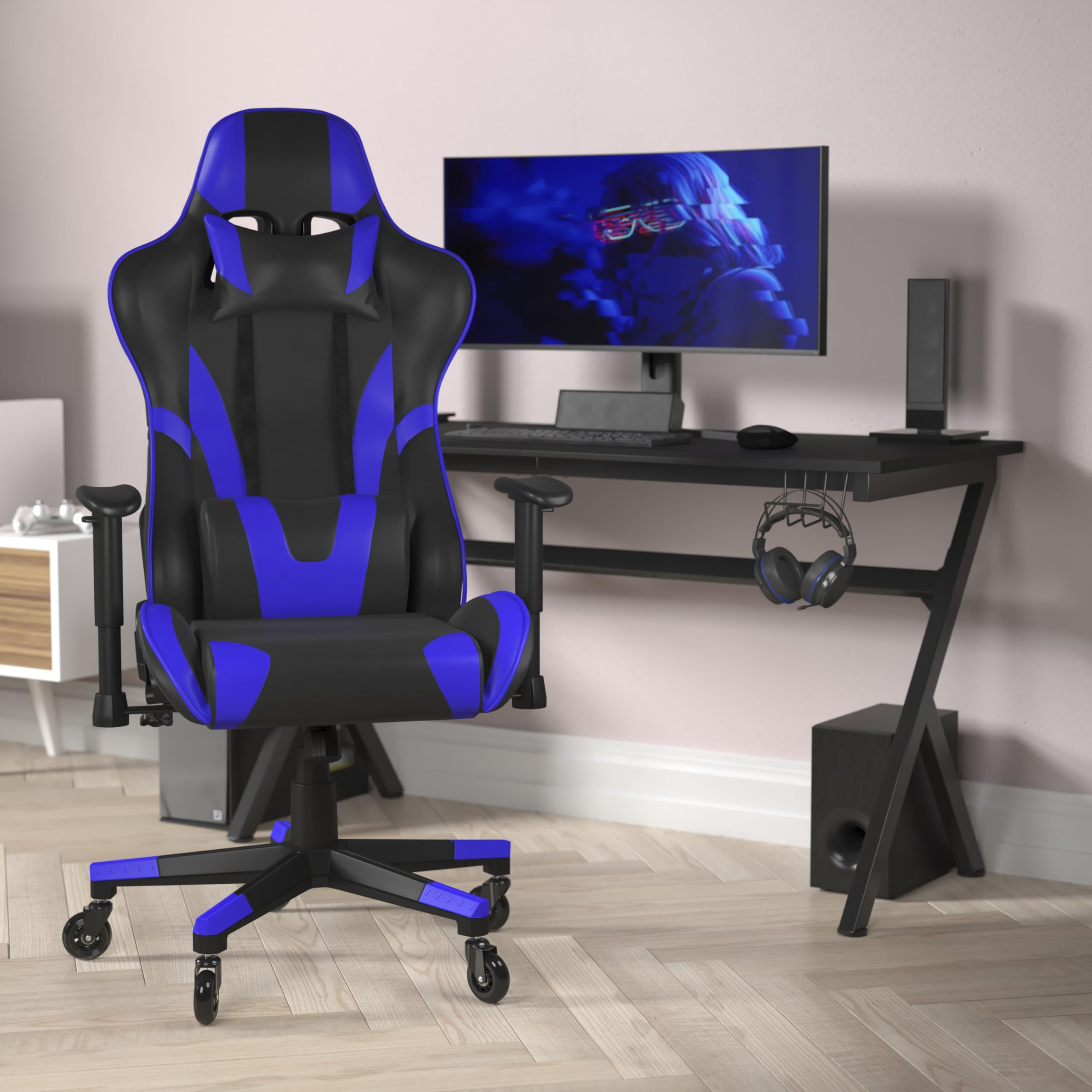Flash Furniture X20 Gaming Chair Racing Office Computer Pc Adjustable Chair - Blue Leathersoft Upholstery - Reclining Back - Roller Wheels