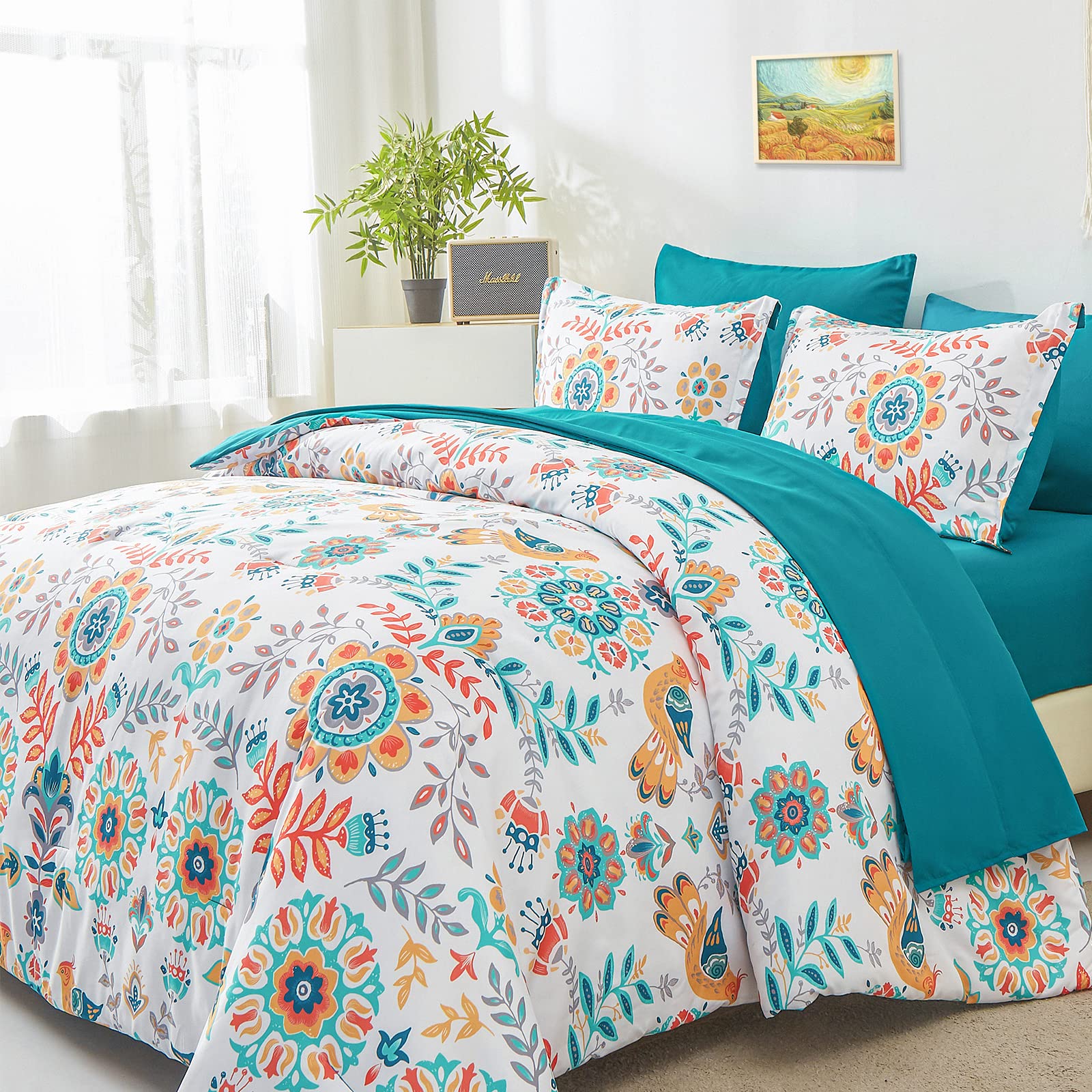 Dhsfkbe Boho Comforter Set Queen - 7 Pieces Bed In A Bag Floral Medallions Design, Bohemian Comforter Set With Sheets, Soft Micr