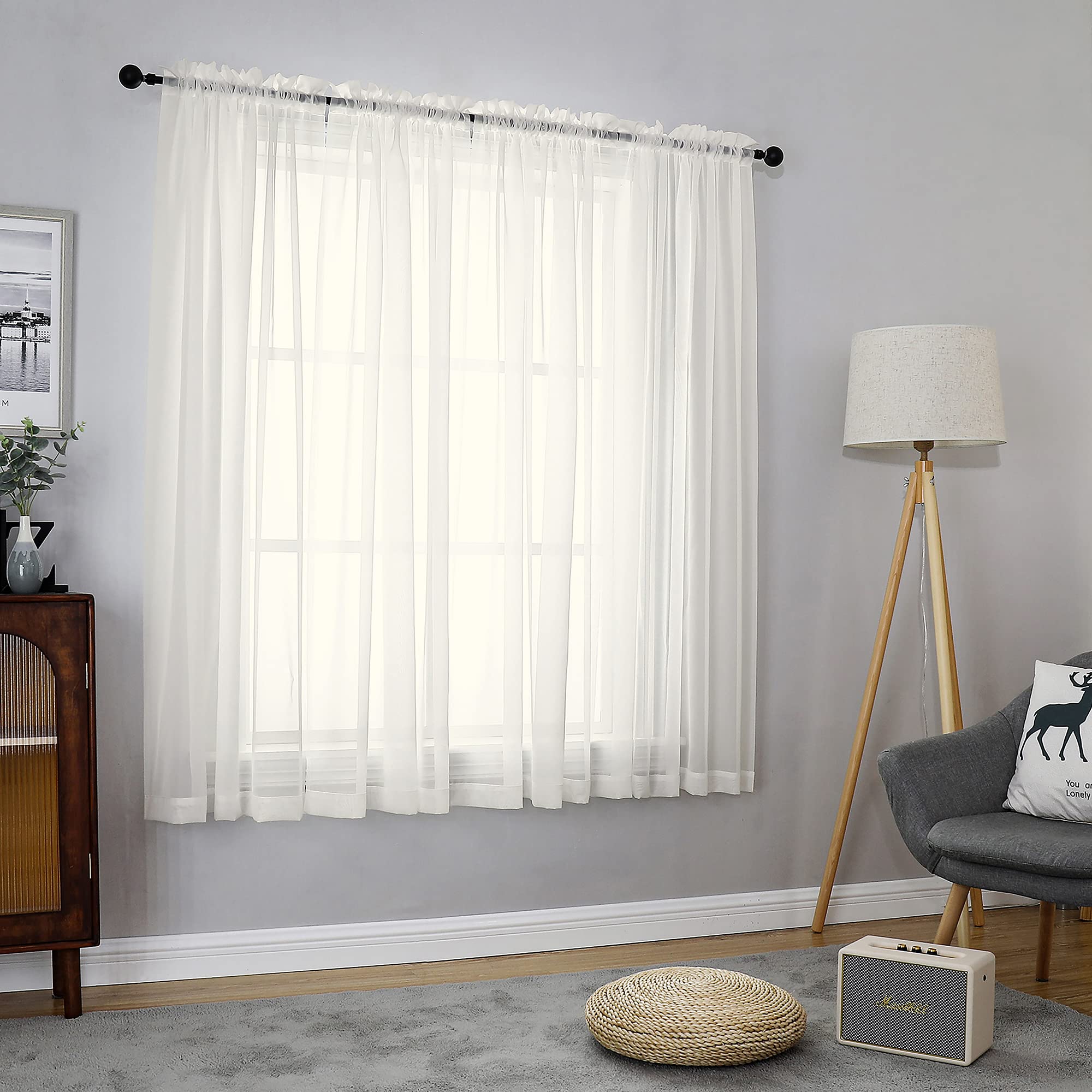 Ovzme 2 Panels Ivory Sheer Curtains 54 Inches Length Window Treatment For Kitchen, Elegant Airy Transparent Curtain Draperies Ro