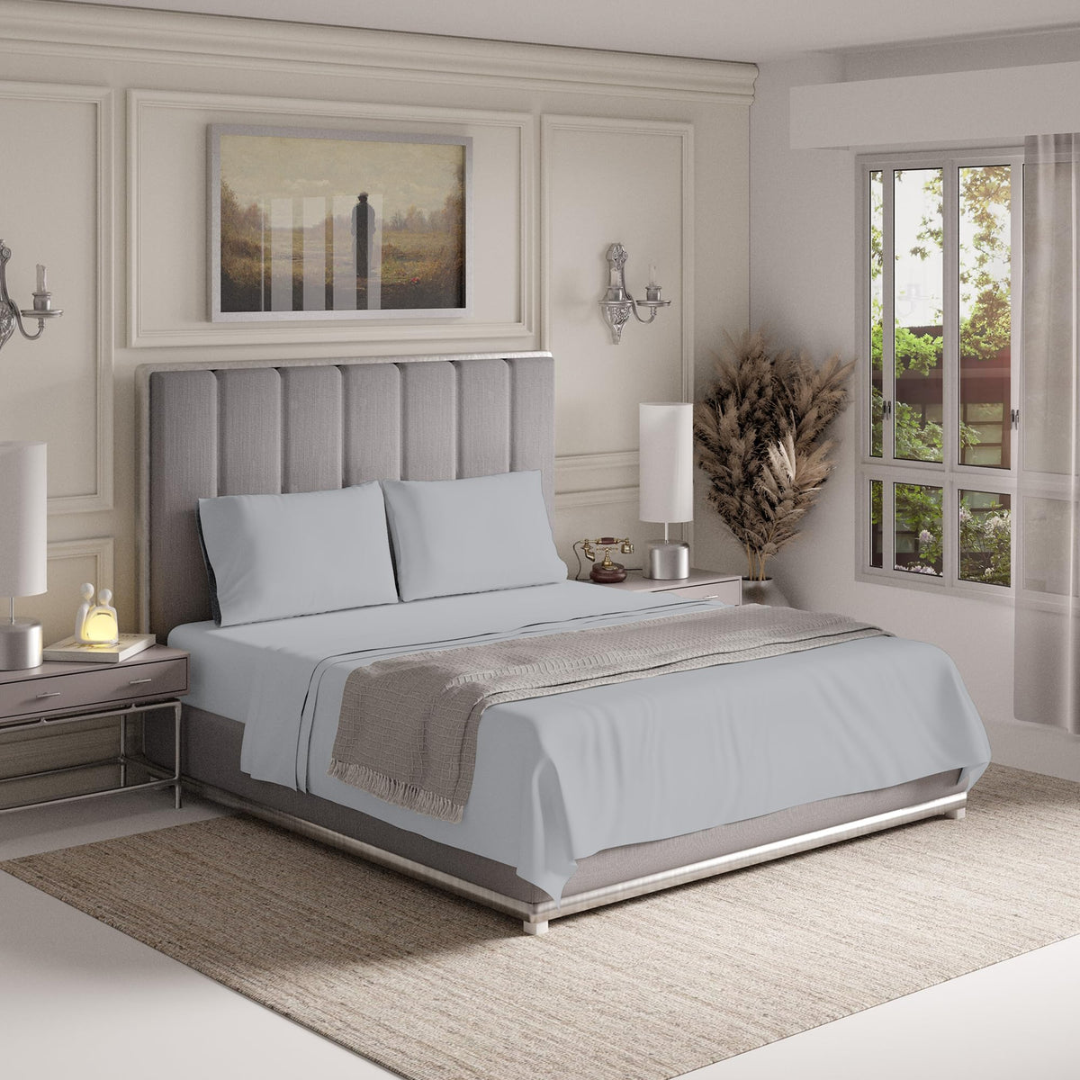 Color Sense 1200 Thread Count King Light Gray Sheet Set, Hotel Luxury Cotton Rich Ultra Soft Sateen Sheets, Easy Care Bed Sheet