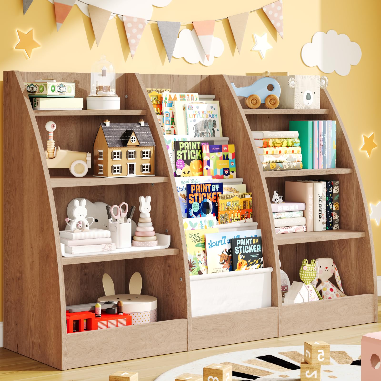 FFBCFDK 4 Tier Kids Bookshelf, 4 Layer Sling Kids Book Shelf for Kids Rooms, XXL Wood Children Bookcase,Baby Storage Book Rack,T