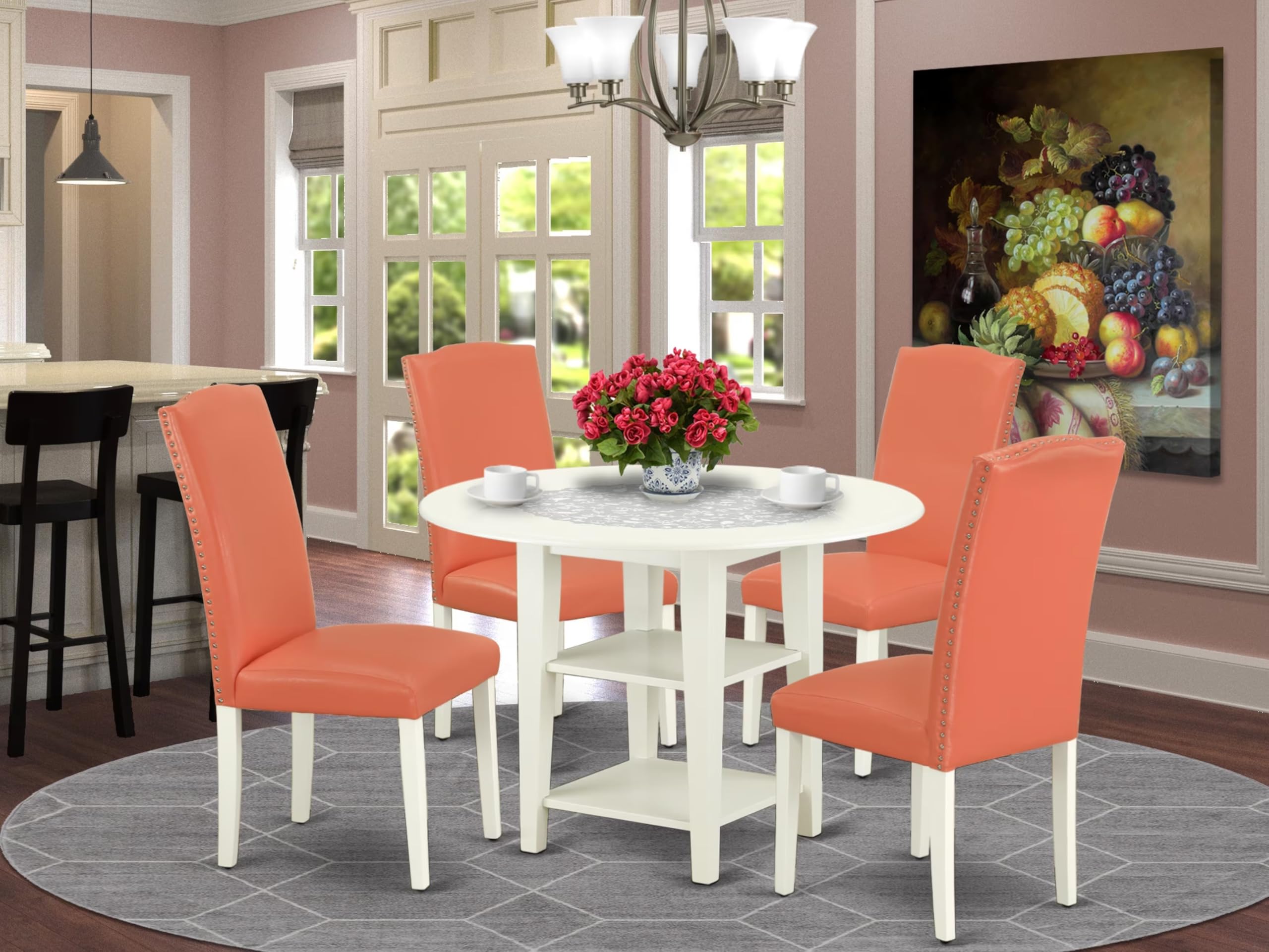 East West Furniture Suen5-Lwh-78 5 Piece Kitchen Table Set Includes A Round Dining Room Table With Dropleaf & Shelves And 4 Pink Flamingo Faux Leather Parsons Chairs, 42X42 Inch, Linen White