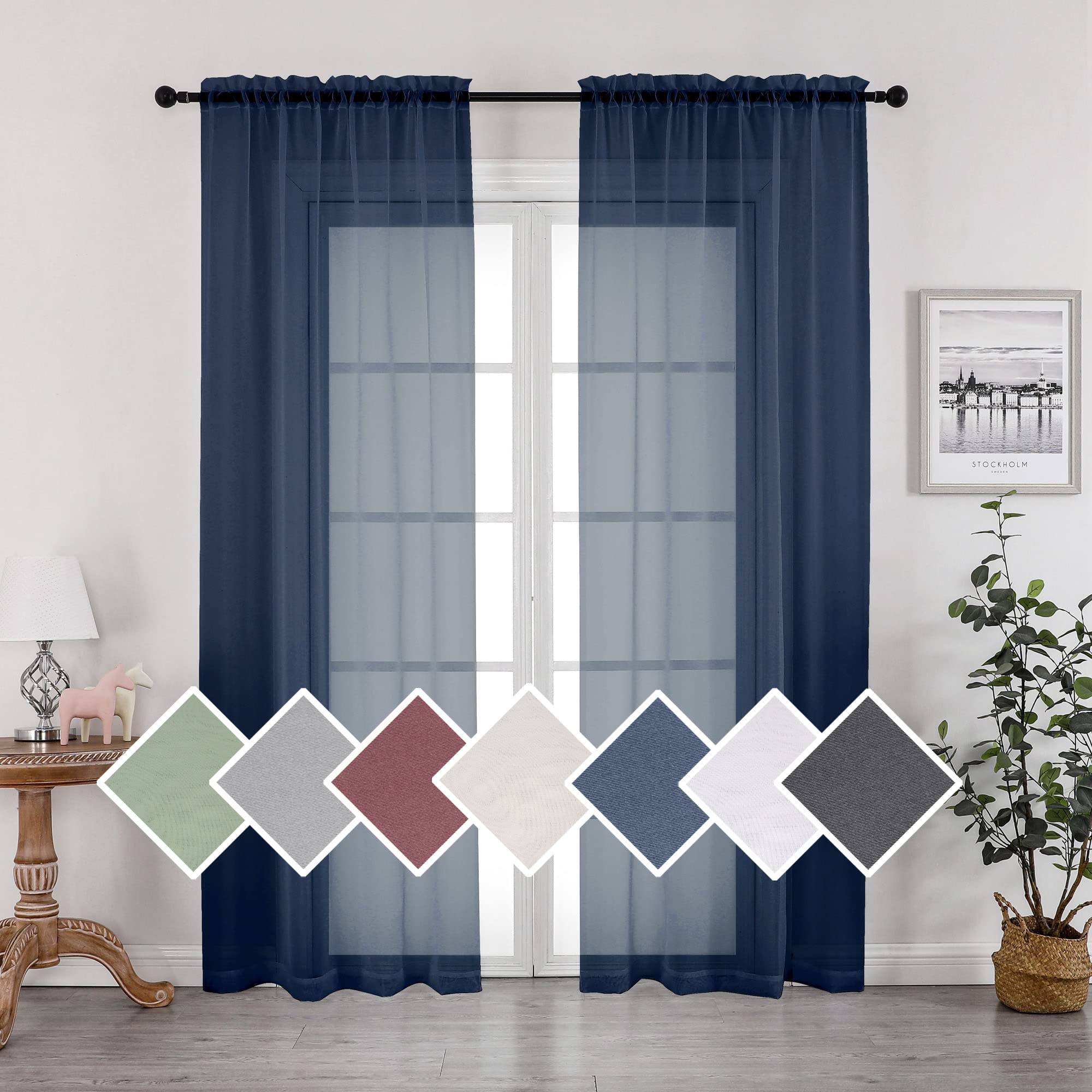 Ovzme 2 Panels Sheer Navy Blue Curtains 72 Inches Length Window Treatment For Kitchen, Elegant Airy Transparent Curtain Draperie
