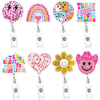 Remuuly 8 Pcs Cute Nurse Badge Reel Retractable Glitter Cow Daisy Smile Face Pink Bow Girly Funny Nurse Accessories Name Tag Id