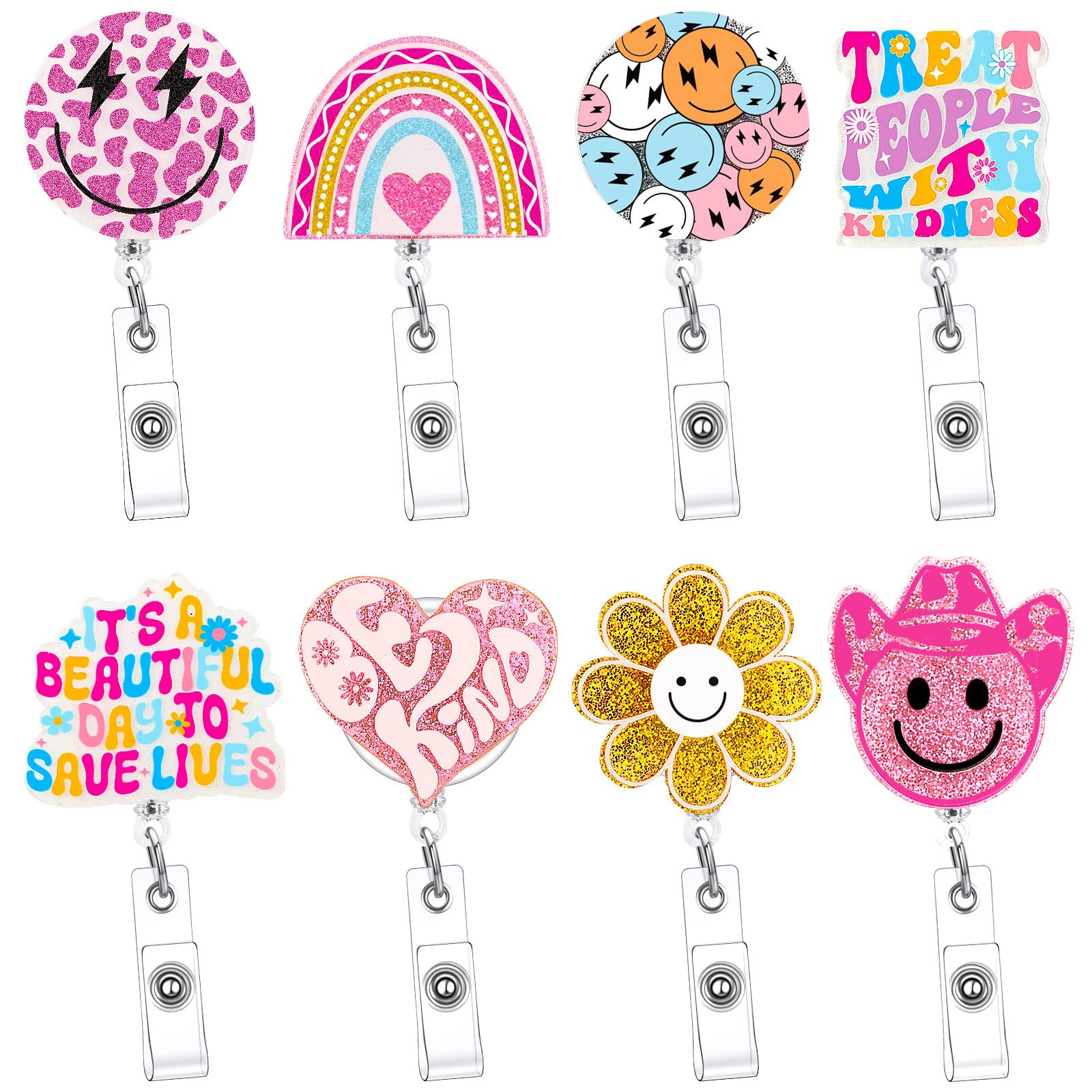 Remuuly 8 Pcs Cute Nurse Badge Reel Retractable Glitter Cow Daisy Smile Face Pink Bow Girly Funny Nurse Accessories Name Tag Id