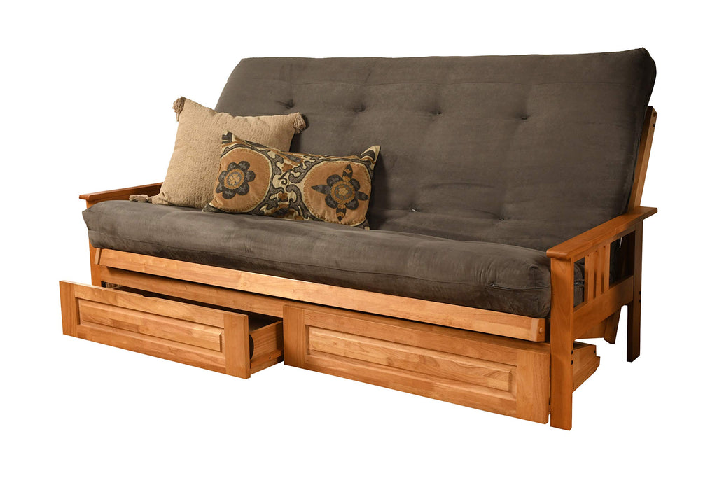 Kodiak Furniture Monterey Queen-Size Futon, Storage Drawers, Butternut Finish With Suede Gray Mattress