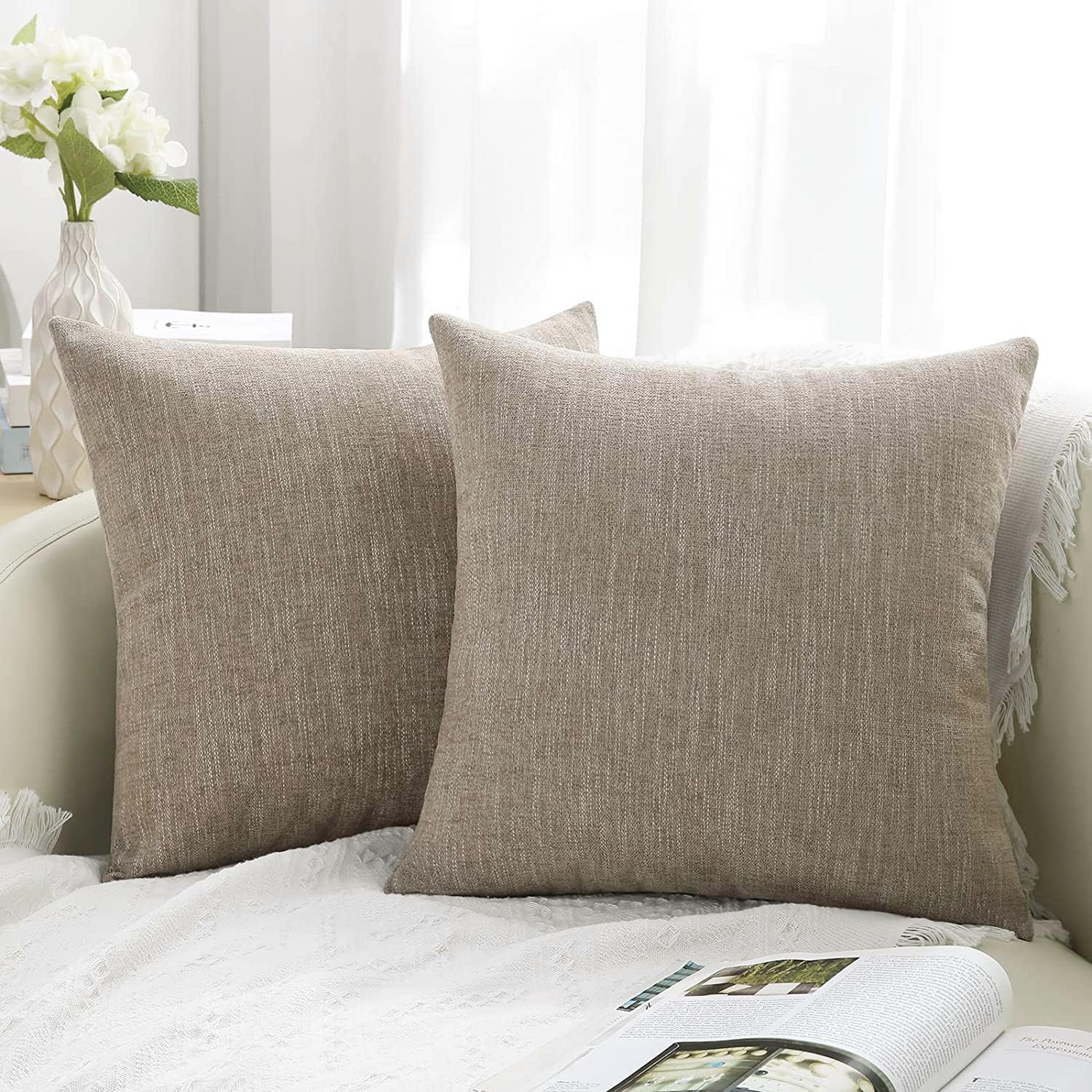 Decoruhome Decorative Throw Pillow Covers 26X26 Set Of 2, Farmhouse Chenille Pillow Covers, Square Soft Pillow Covers For Couch Sofa Bed, Khaki
