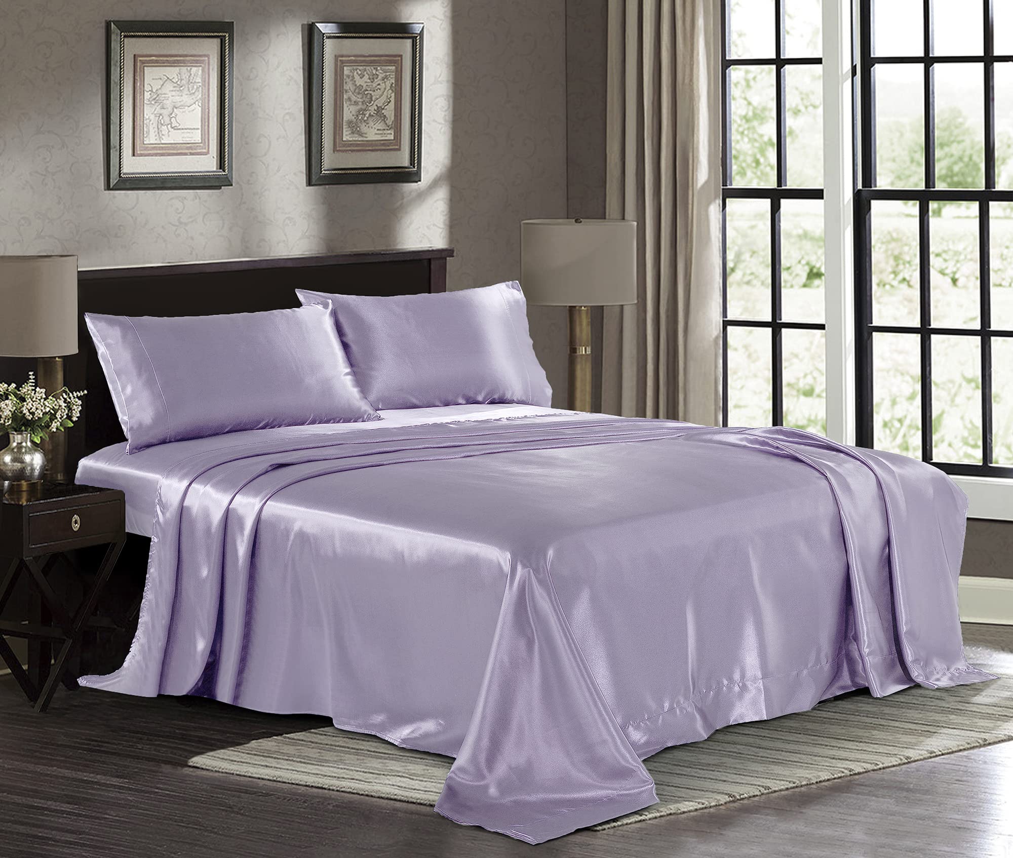 Satin Sheets Full [4-Piece, Lavender] Hotel Luxury Silky Bed Sheets - Extra Soft 1800 Microfiber Sheet Set, Wrinkle, Fade, Stain