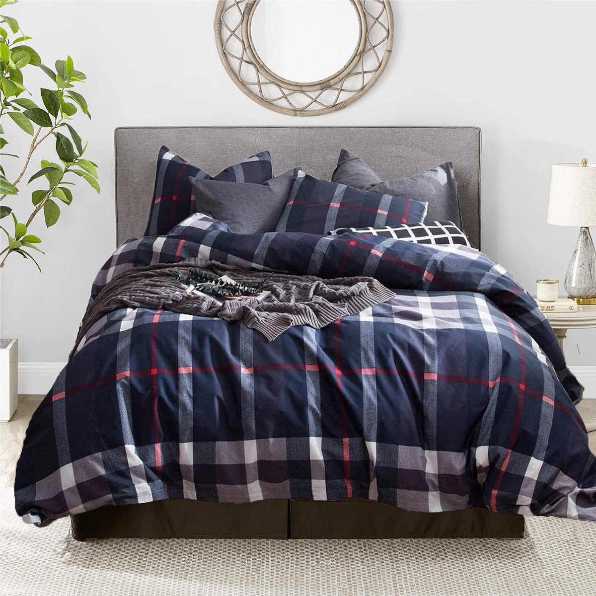 Luxlovery Navy Plaid Comforter Set Queen Navy Blue Buffalo Bedding Comforter Set Full Grid Checkered Blanket Quilts Soft Breatha