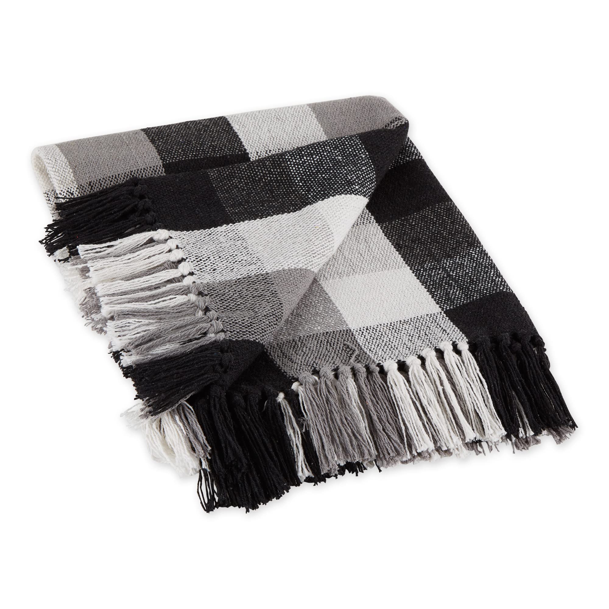 Dii Buffalo Check Collection Rustic Farmhouse Throw Blanket With Tassels, 50X60, Tri Color, Black