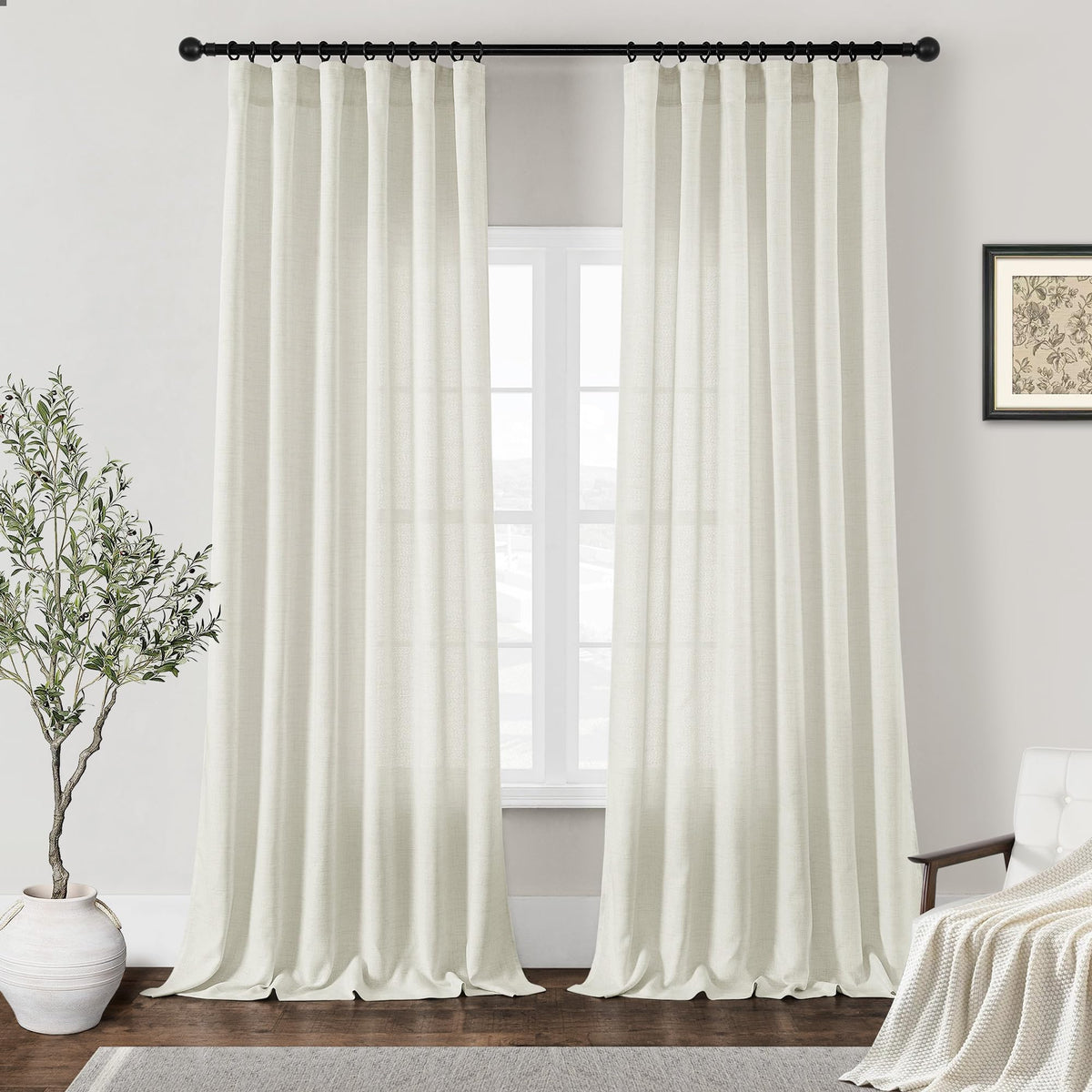 Dukiyo Linen Curtains 84 Inch Length 2 Panels Set Farmhouse Beige Ivory Semi Sheer Curtain Drape For Living Room Rod Pocket Hook