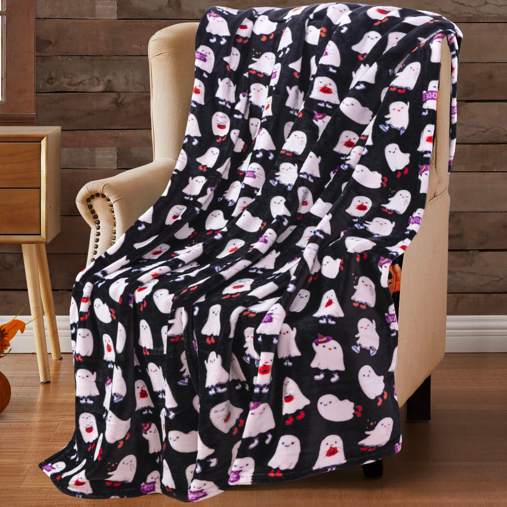 Halloween Ghost Throw Blanket for Bed Couch Chair Living Room Soft Warm Fleece Plush Blanket, (Black White Ghost Bash) Oversized