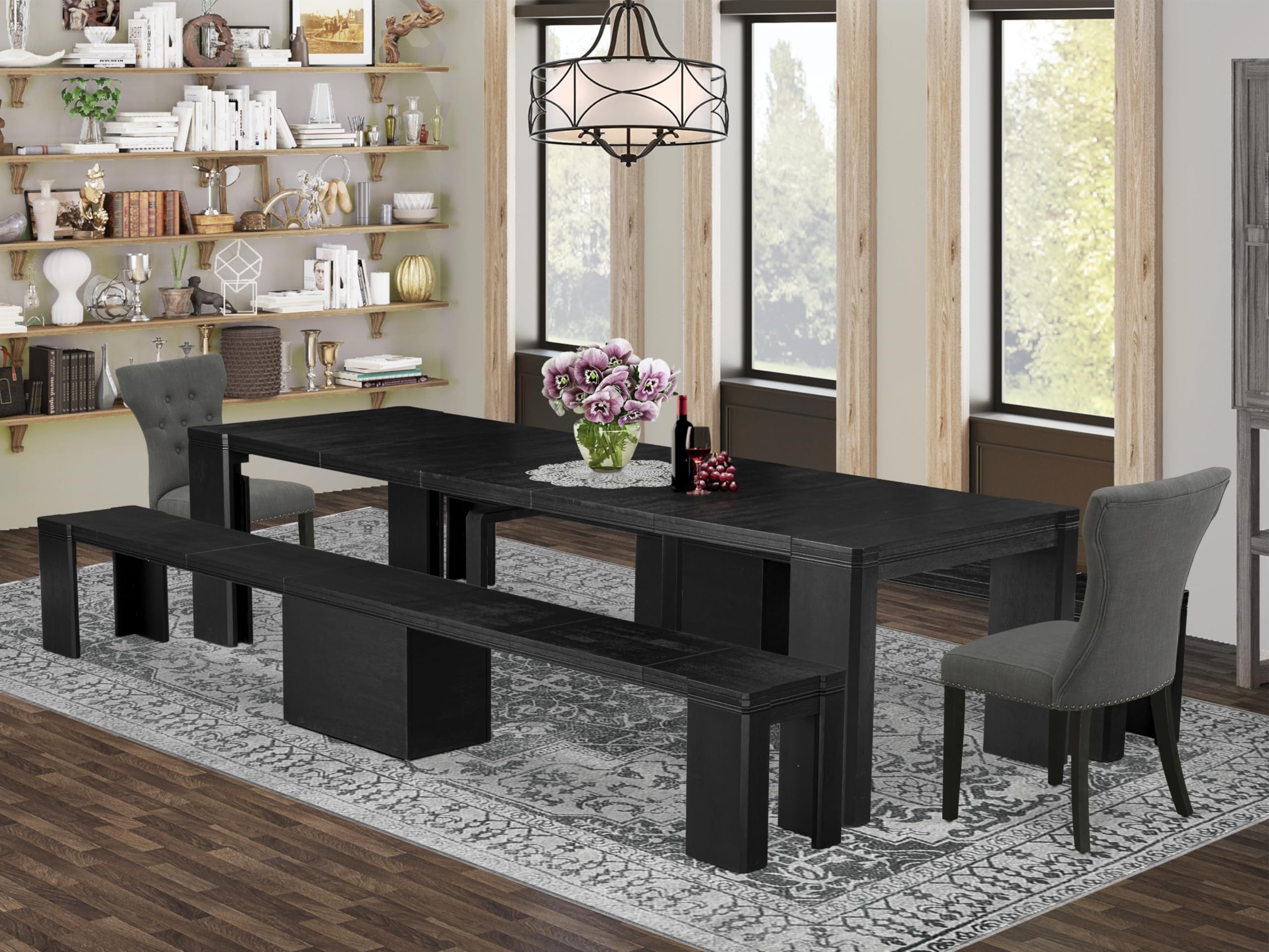 Luxe by East West Furniture - X02GA-206-50 - 5-piece Dining Table Set a Rectangular Dining Table and 2 wooden Benches and 2 Dark Gotham Grey Linen Fabric kitchen Chair, 39x120 Inch, Wire Brushed Black