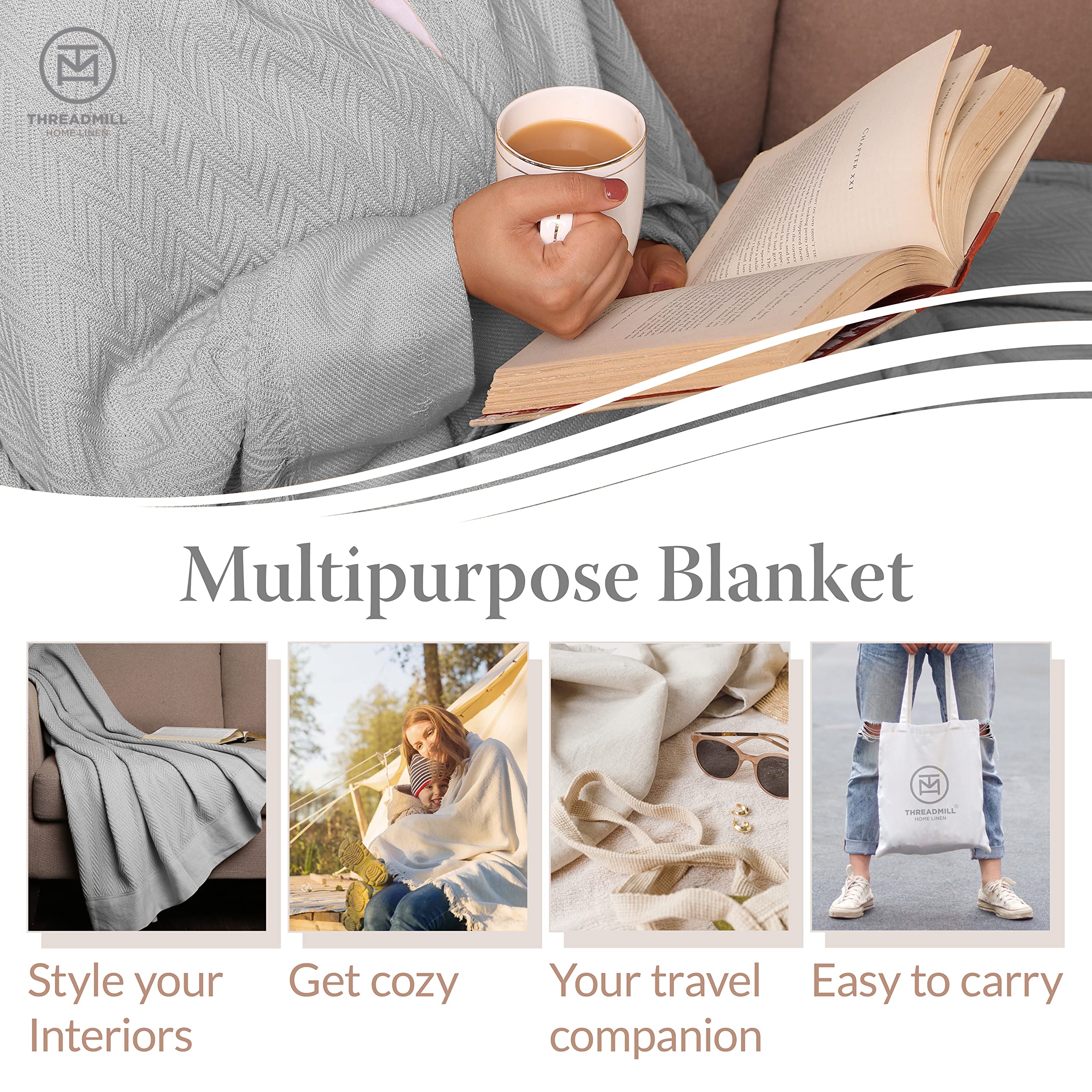 Threadmill Luxury Cotton Blankets For King Size Bed | All-Season Cozy 100% Cotton Blanket | Herringbone Soft & Lightweight Fall