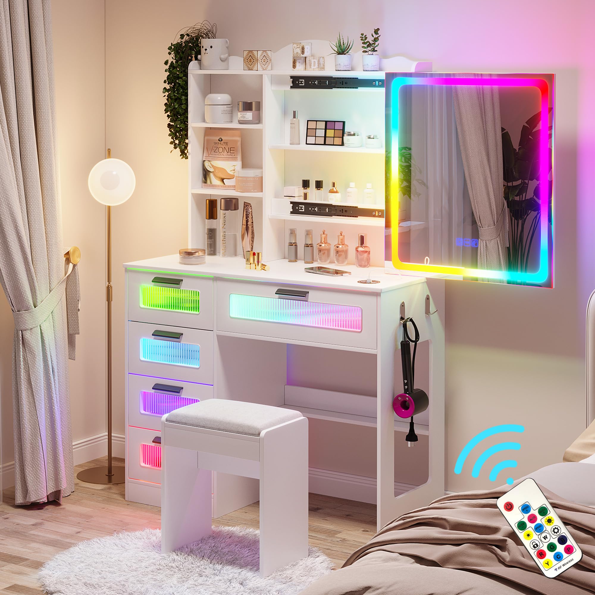 HNEBC Vanity Desk with Sliding Mirror and LED Lights, RGB Vanitys with Charging Station, Makeup Vanity with Remote Control, Whit