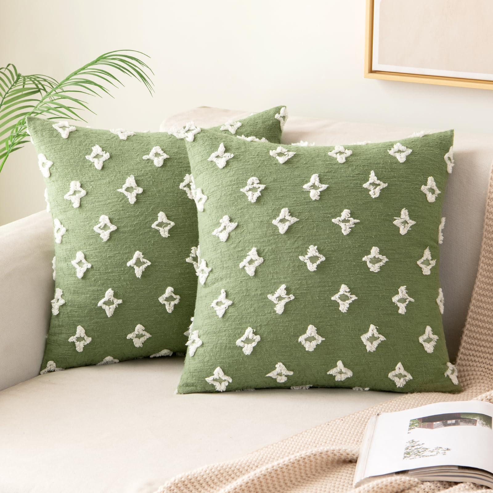 Miulee Set Of 2 Sage Green Decorative Throw Pillow Covers Rhombic Jacquard Pillowcase Soft Square Cushion Case For Summer Couch Sofa Bed Bedroom Living Room 16X16 Inch