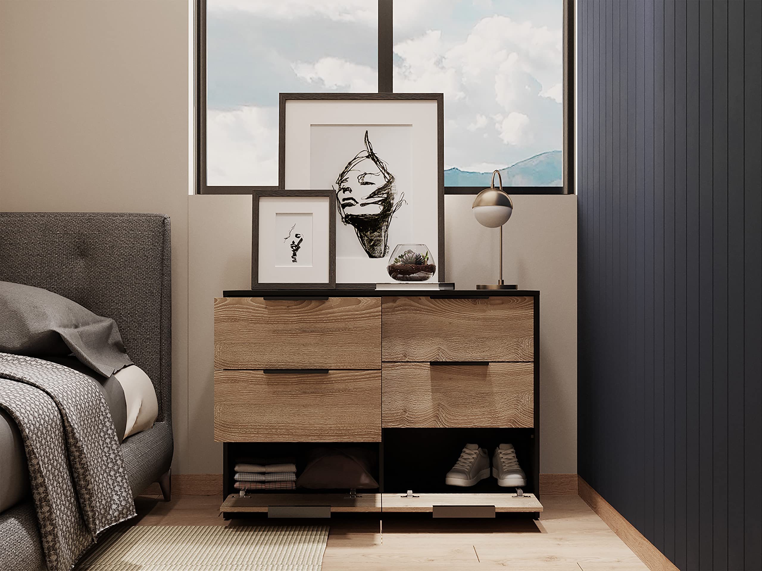 Egeo 4 Dresser with 4 Drawers and 2 Cabinets, Black / Pine