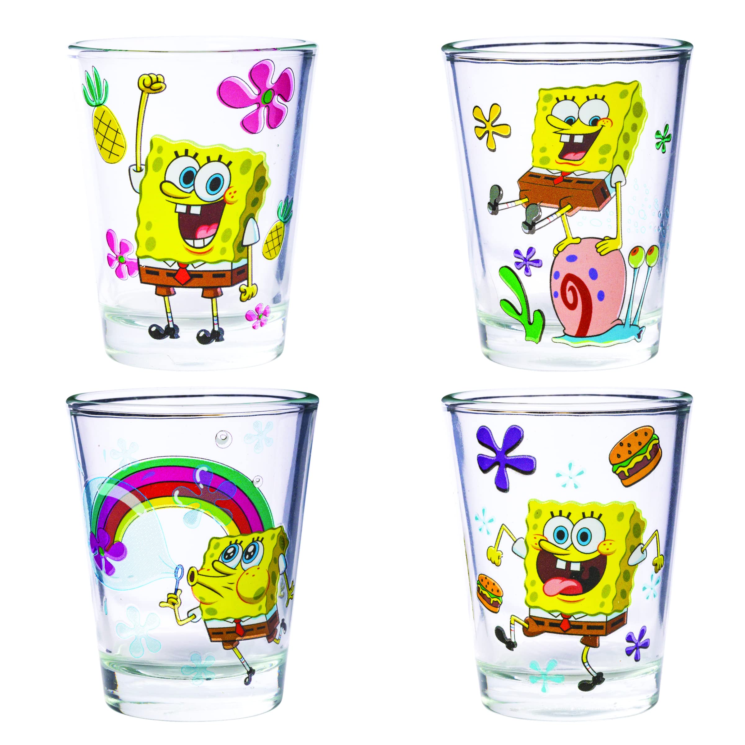 Silver Buffalo SpongeBob SquarePants Poses Floral Krabby Patty 4-Pack Mini Glass Set, 1.5 Ounces