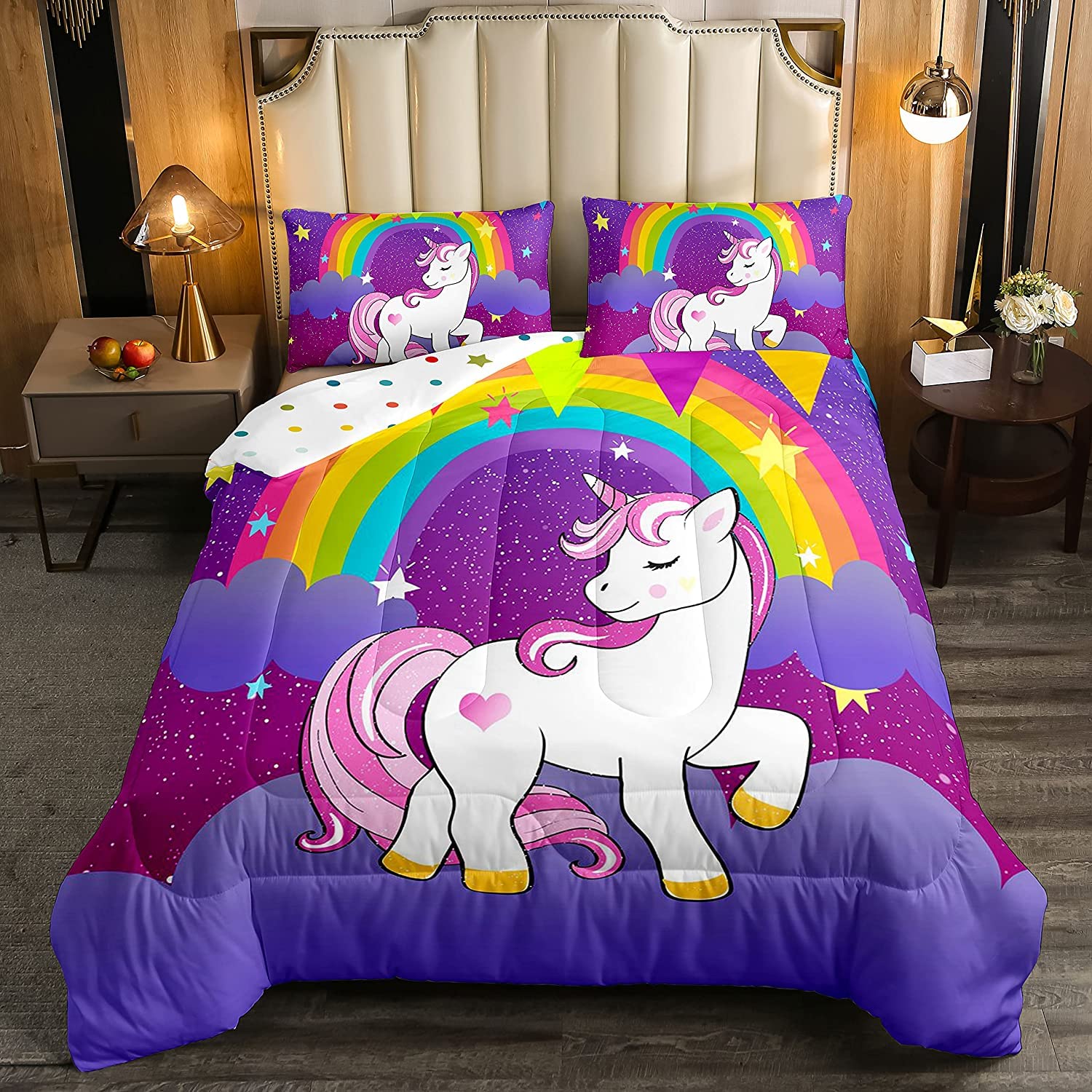 Girls Unicorn Comforter Set King Girls Bedding Set Cute Rainbow Unicorn Print Down Comforter Kids Cartoon Kawaii Duvet Set Galax