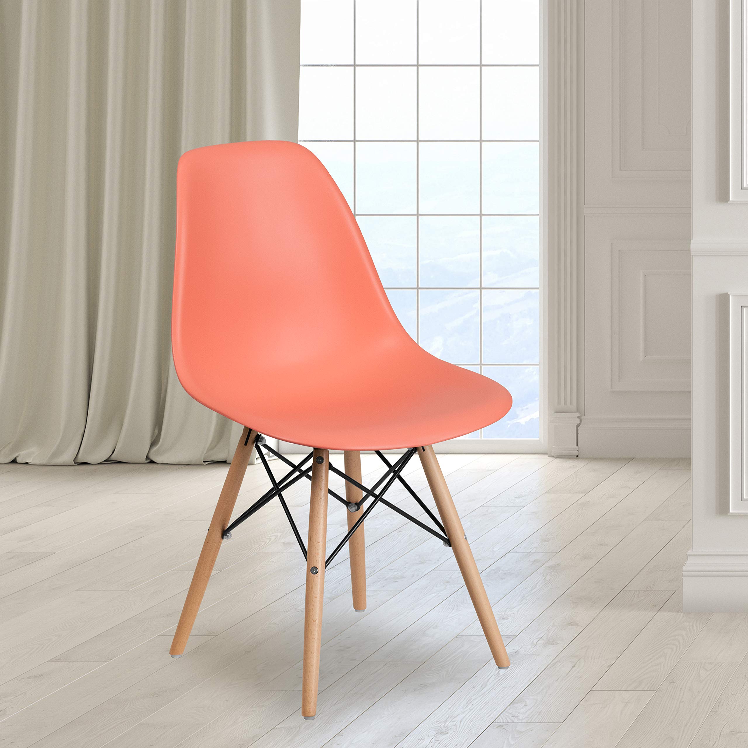 Flash Furniture Elon Series Peach Plastic Chair With Wooden Legs For Versatile Kitchen, Dining Room, Living Room, Library Or Desk Use
