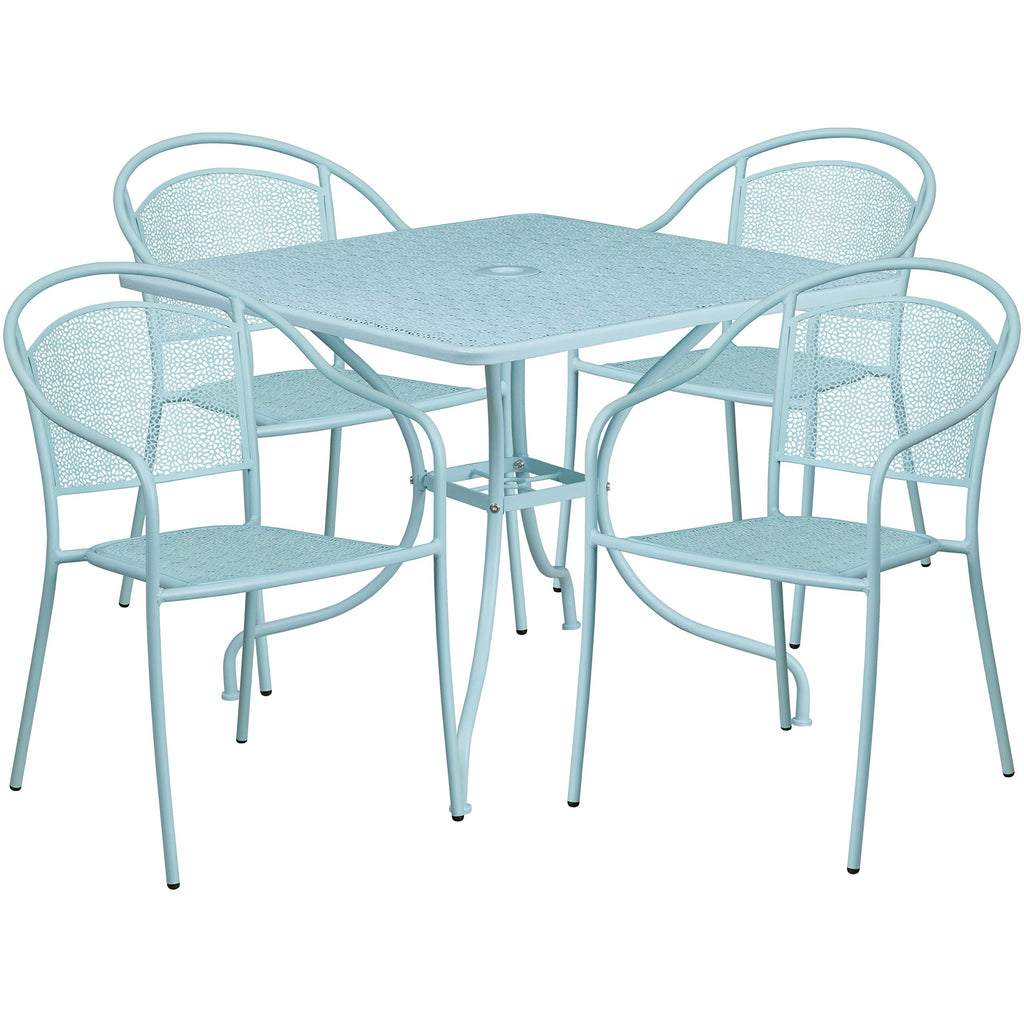 Flash Furniture Oia Commercial Grade 35.5" Square Sky Blue Indoor-Outdoor Steel Patio Table Set With 4 Round Back Chairs