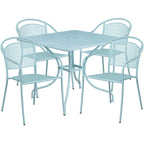 Flash Furniture Oia Commercial Grade 35.5" Square Sky Blue Indoor-Outdoor Steel Patio Table Set With 4 Round Back Chairs