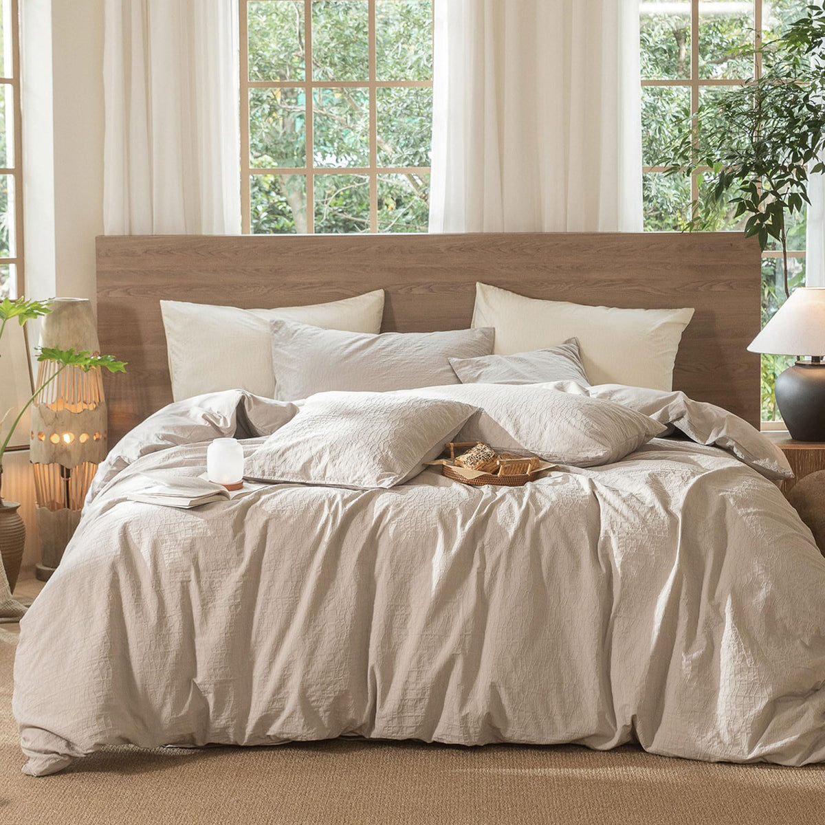 Moomee Wavy Striped Duvet Cover Set 100% Washed Cotton Linen Like Textured Breathable Durable Soft Comfy (Beige, King)