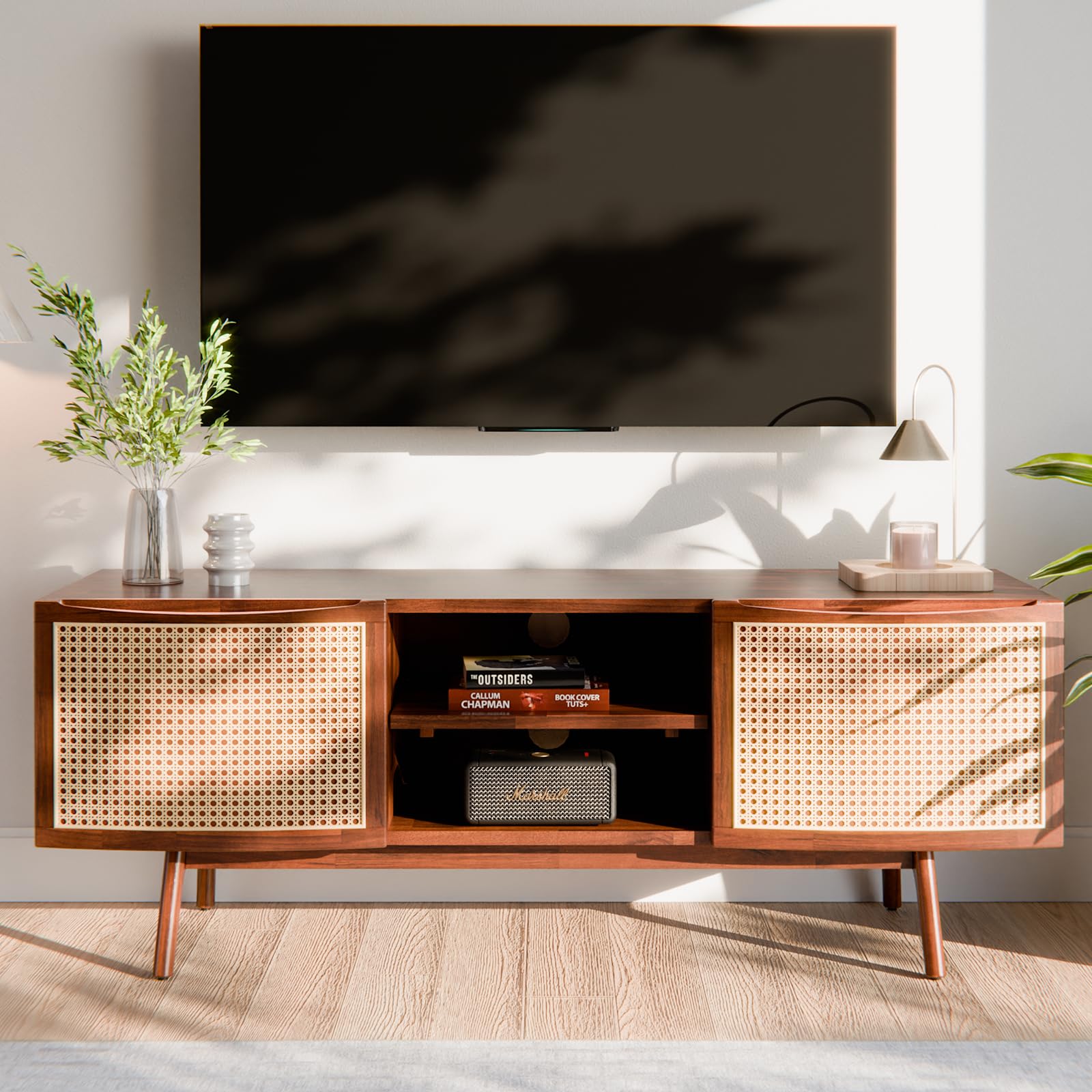 Bme Nancy TV Stand - Solid Acacia Wood & Rattan Media Console, Mid Century Modern TV Stand with Storage & Adjustable Shelf, Ente