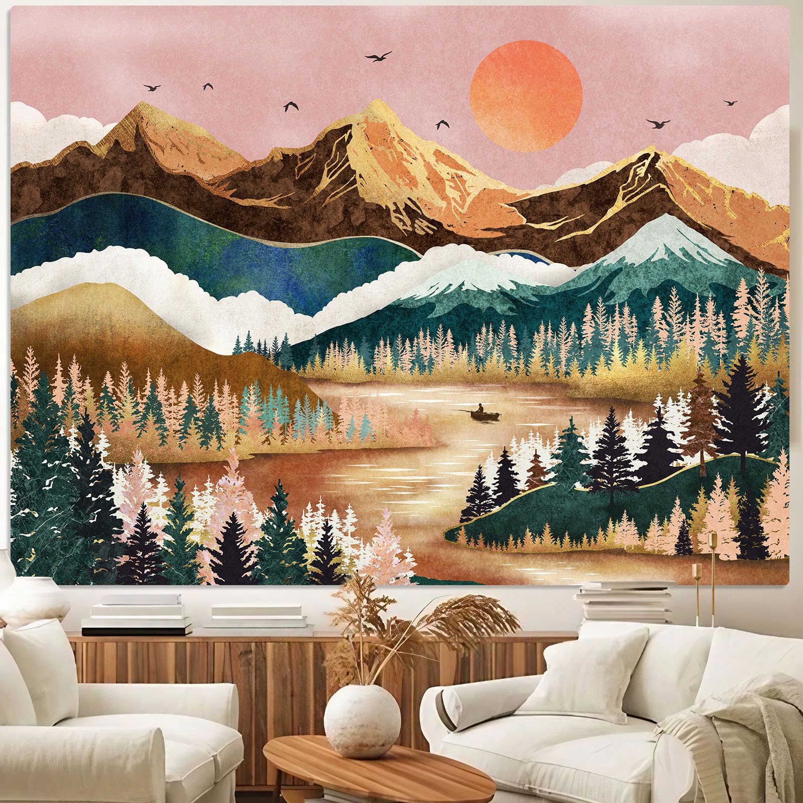 Zussun Mountain Tapestry Nature Forest Tree Tapestries For Bedroom Aesthetic Sunset Tapastry'S Wall Hanging Orange And Green Lan