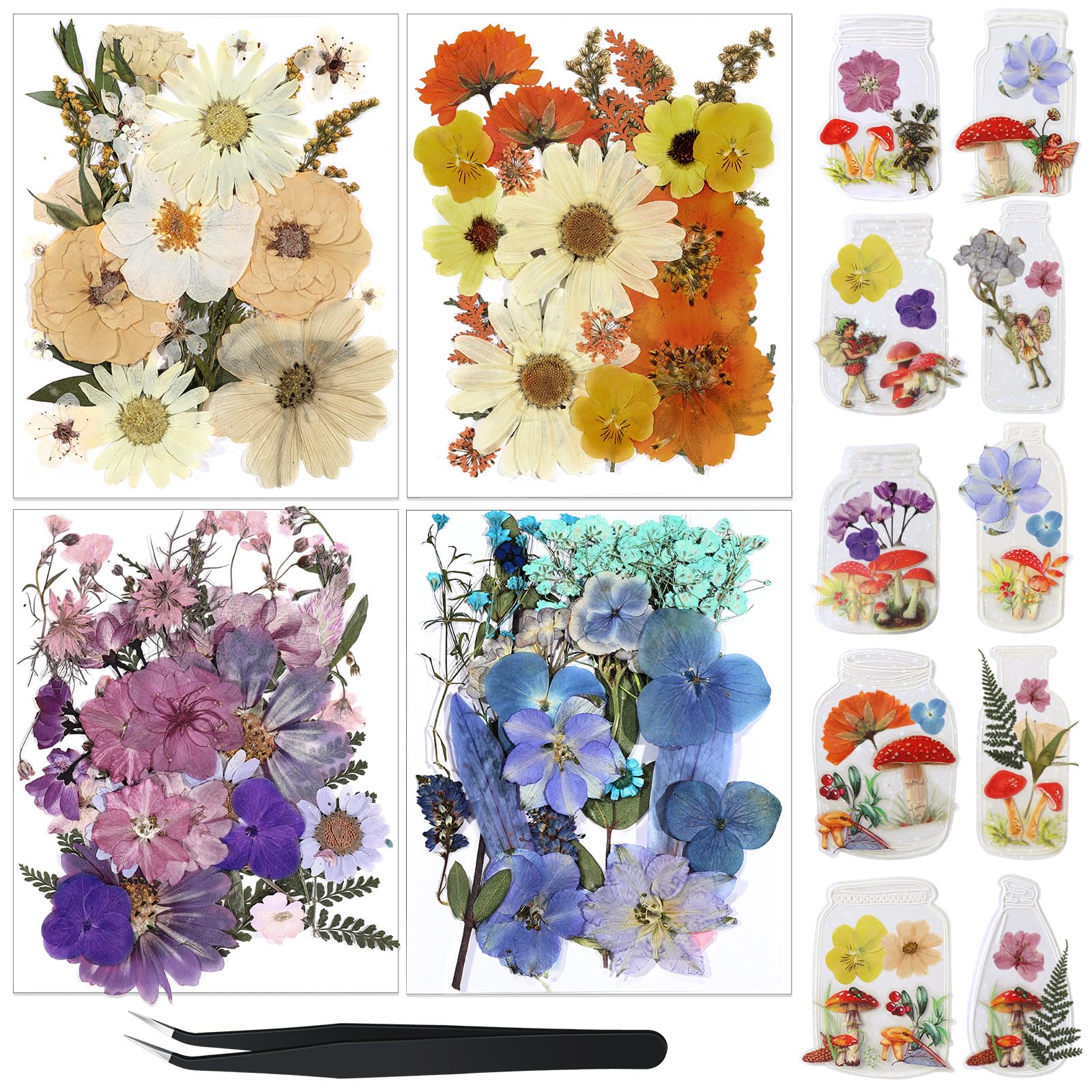 Nuanchu Pressed Flowers Bulk Dried Flower For Crafts, Dried Flower Leave Natural With Tweezer For Resin Mold Scrapbooking Diy (L