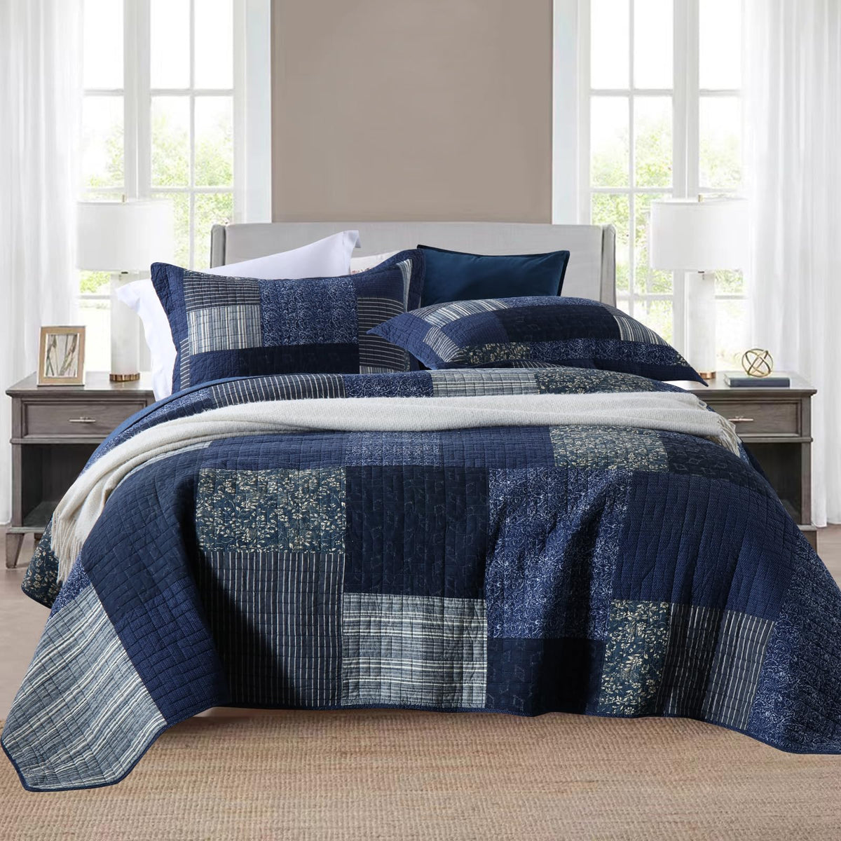 Yvooxny Quilts Queen Size Reversible Lightweight Bedspread 3-Piece Quilt Set Plaid Floral Patchwork 100% Cotton Queen Quilt Set