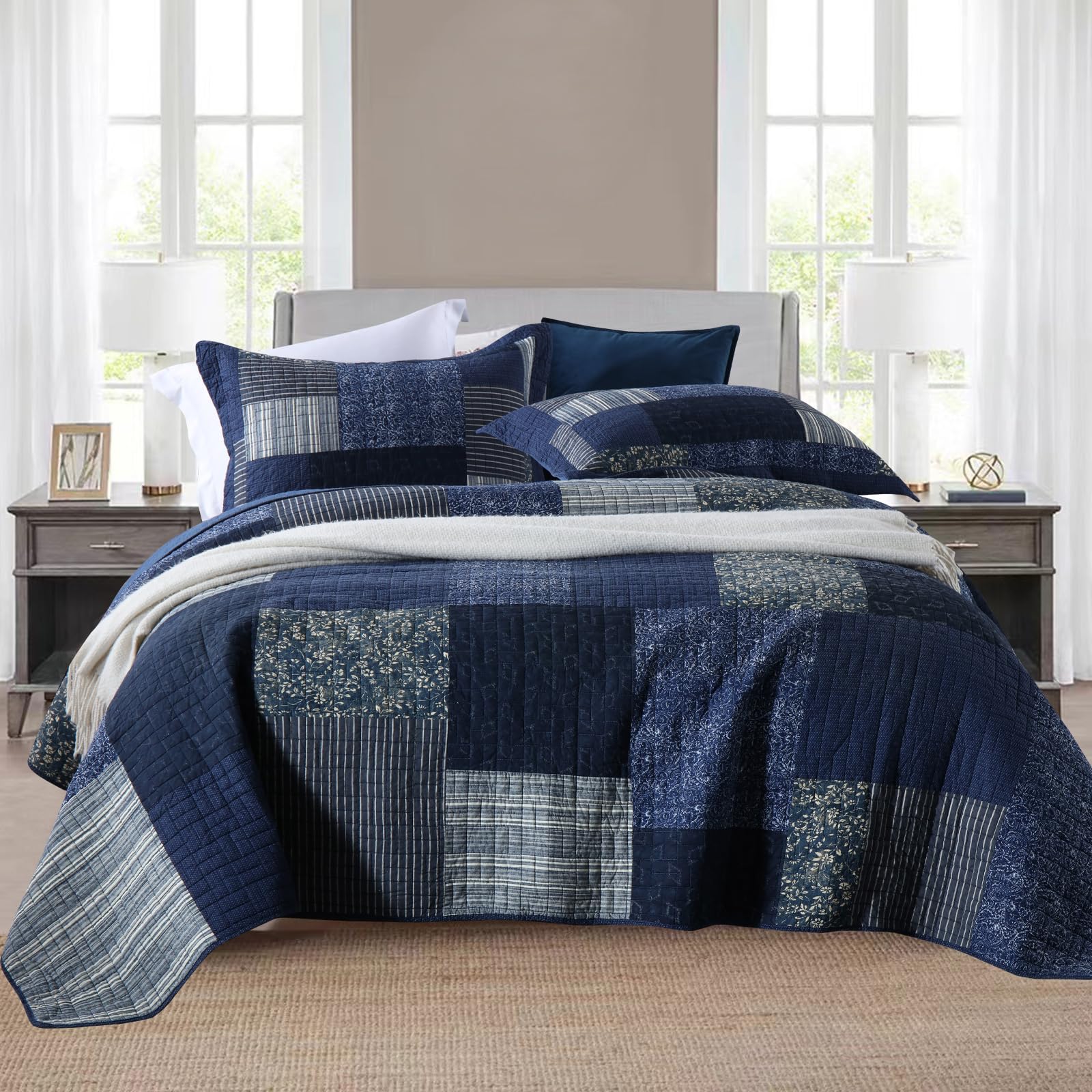 Yvooxny Quilts King Size Reversible Lightweight Bedspread 3-Piece Quilt Set Plaid Floral Patchwork 100% Cotton King Quilt Set Be